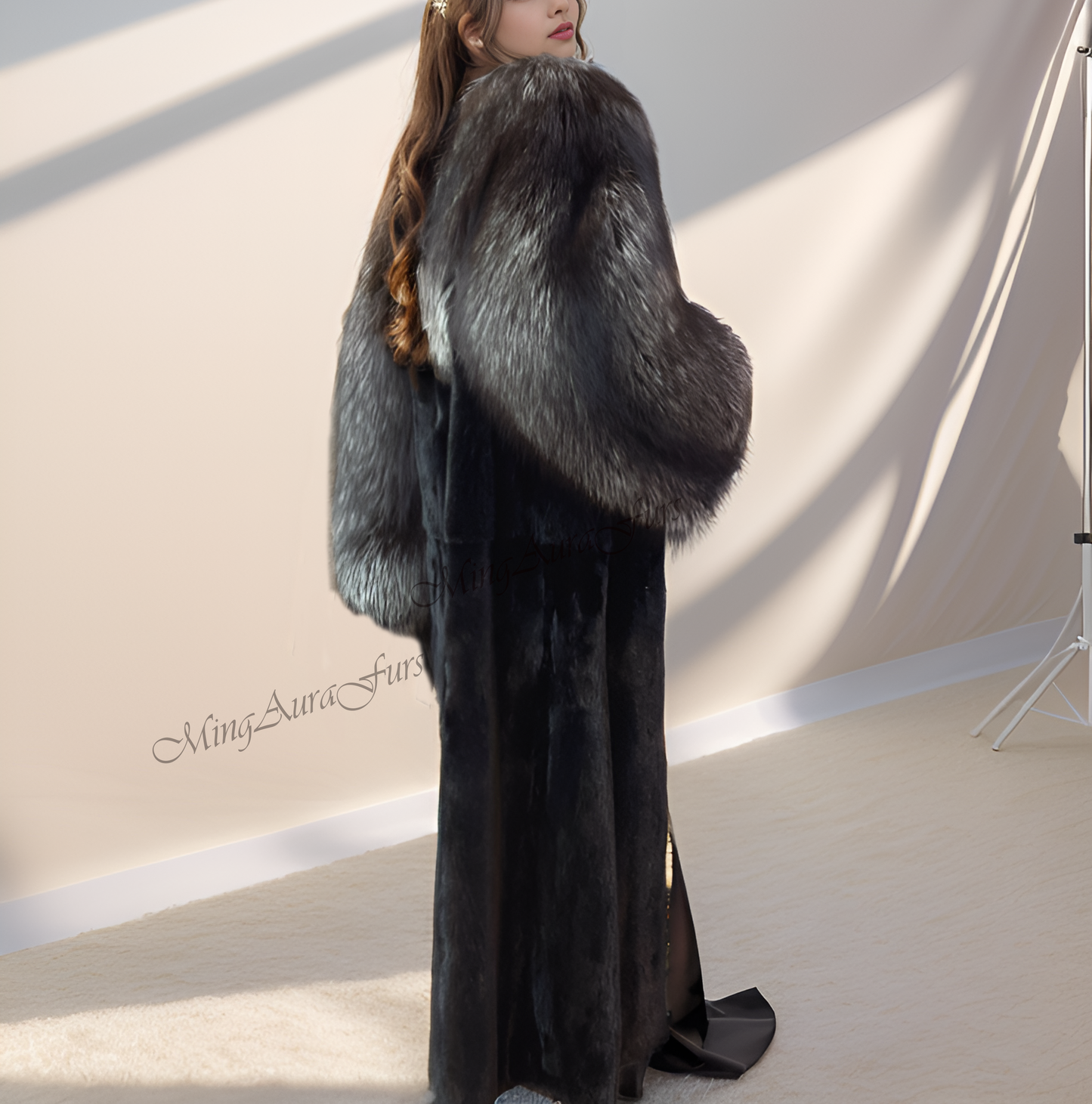 Mink And Sliver Fox Fur Coat For Women G0040