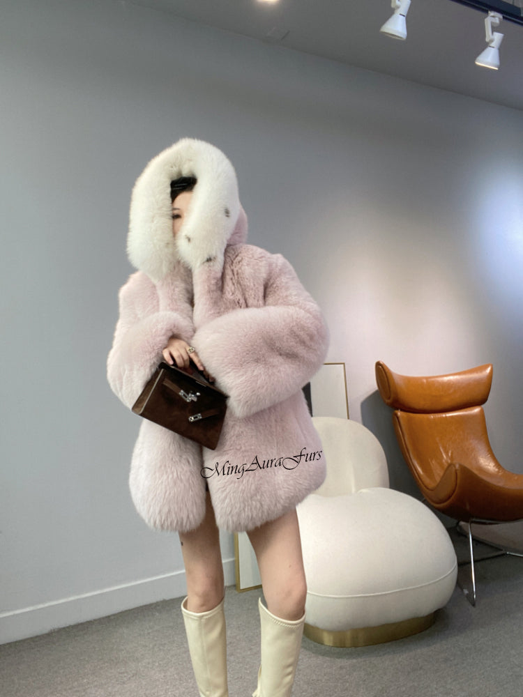 Pink Real Fox Fur Coat for Women with Fur Hood - White Fox - G006