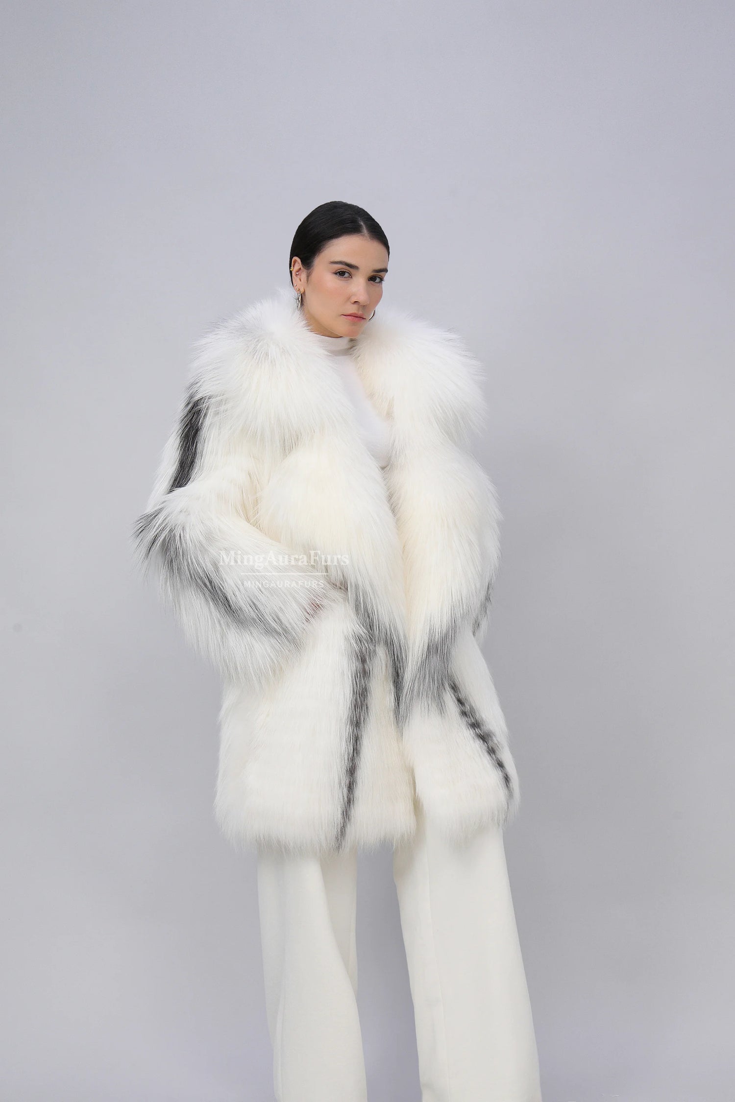 Women's Real Fox Fur Coat - Arctic Marble Fox  - B003