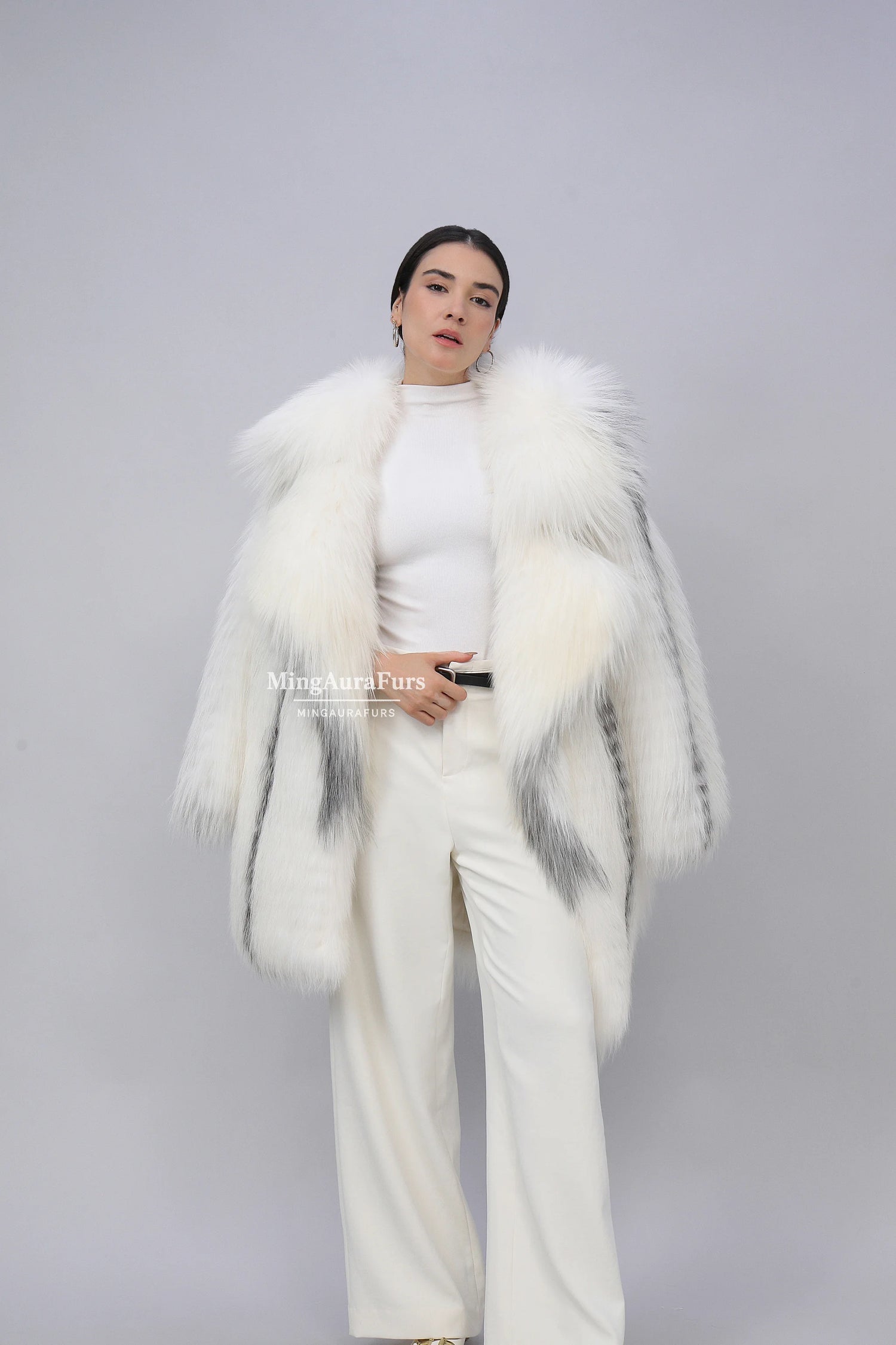 Women's Real Fox Fur Coat - Arctic Marble Fox  - B003