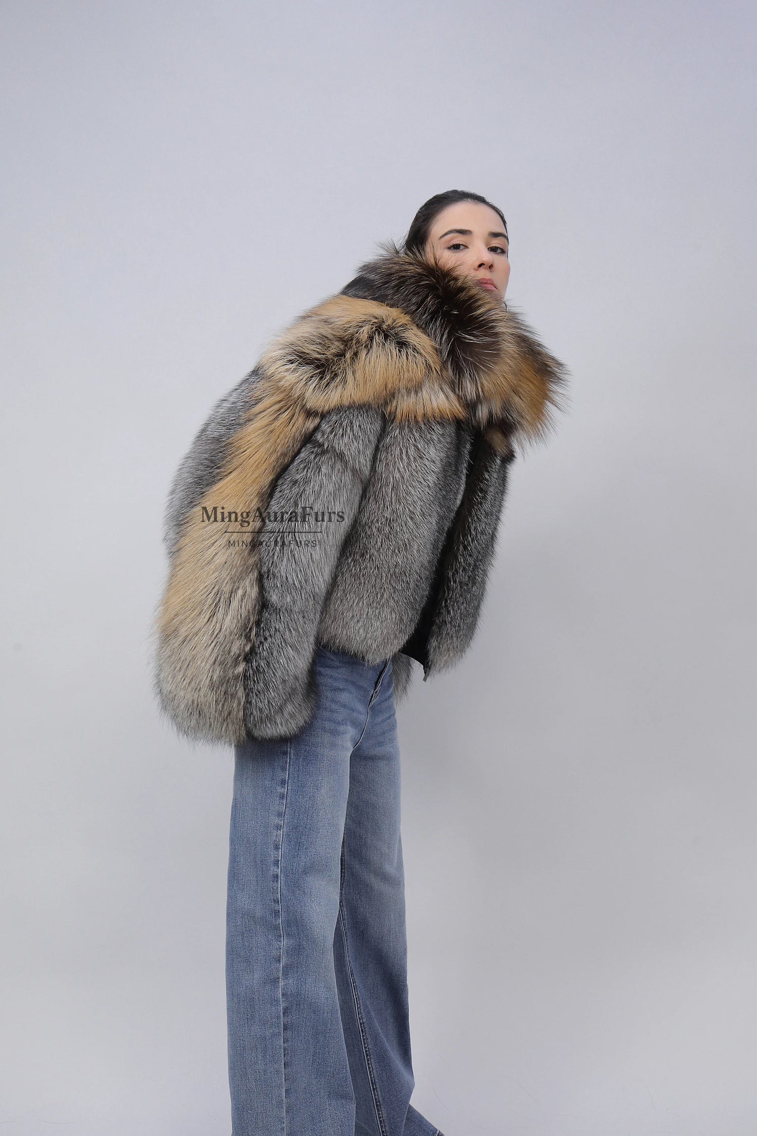 Women's Genuine Fox Fur Coat - Sapphire Frost  Fox+Phnom Cross Fox- B006