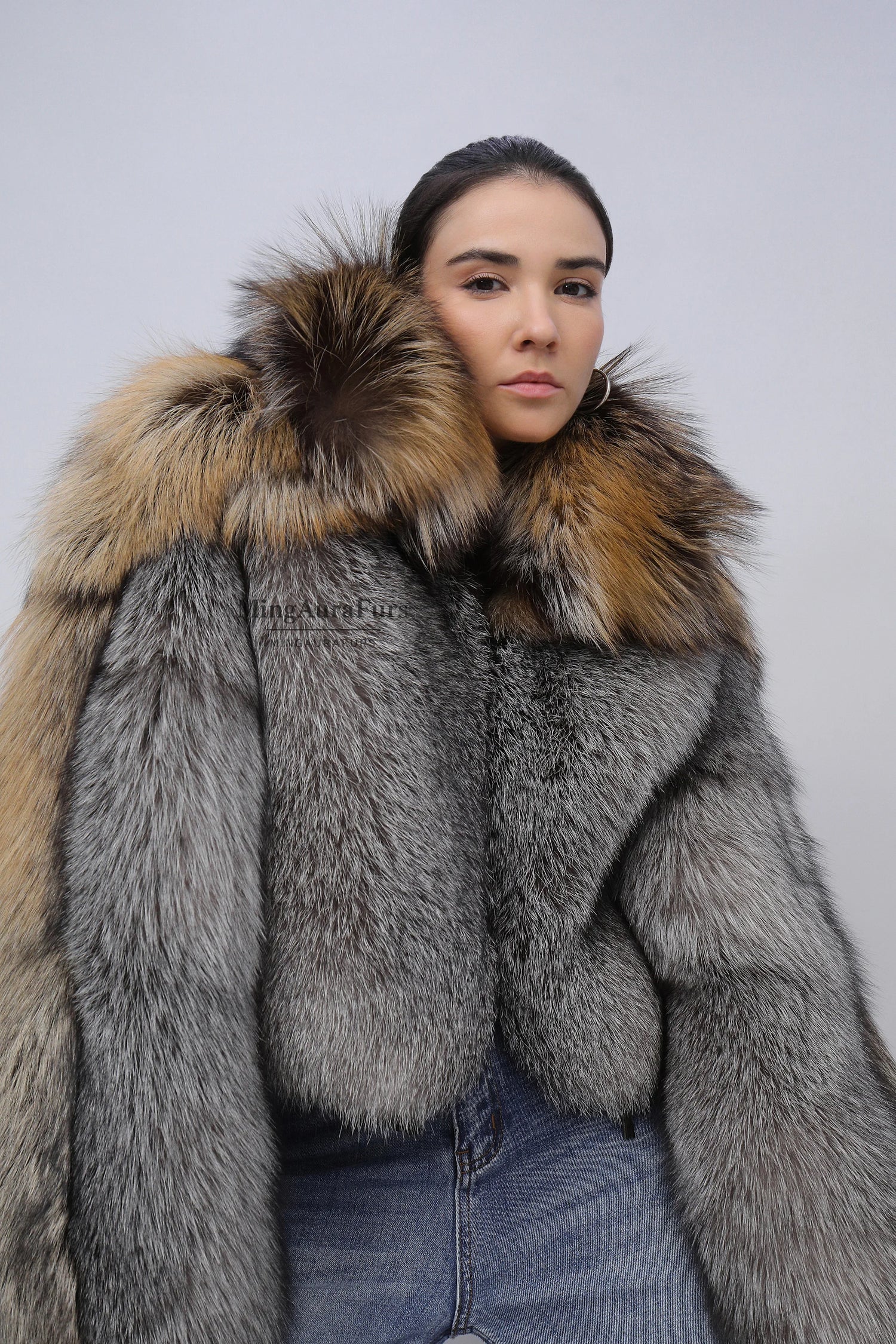 Women's Genuine Fox Fur Coat - Sapphire Frost  Fox+Phnom Cross Fox- B006