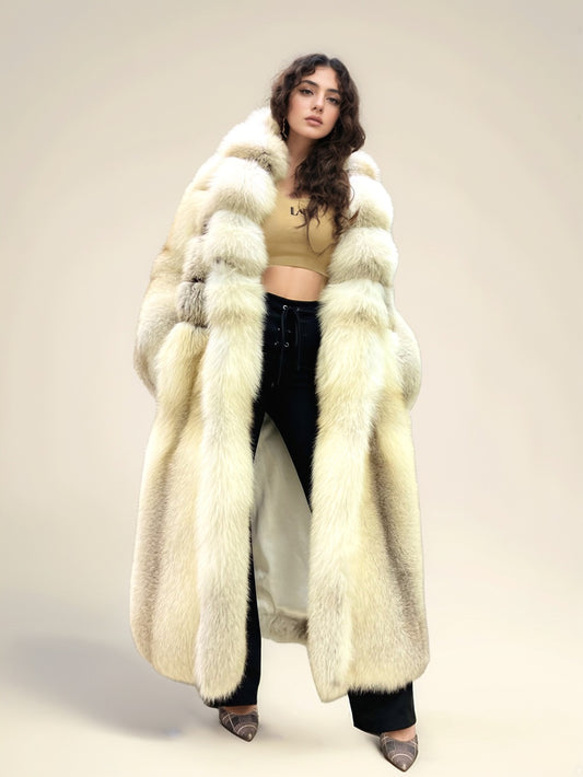 Women's Long Fox Fur Coat with Fur Collar - Golden Island FOX - G001