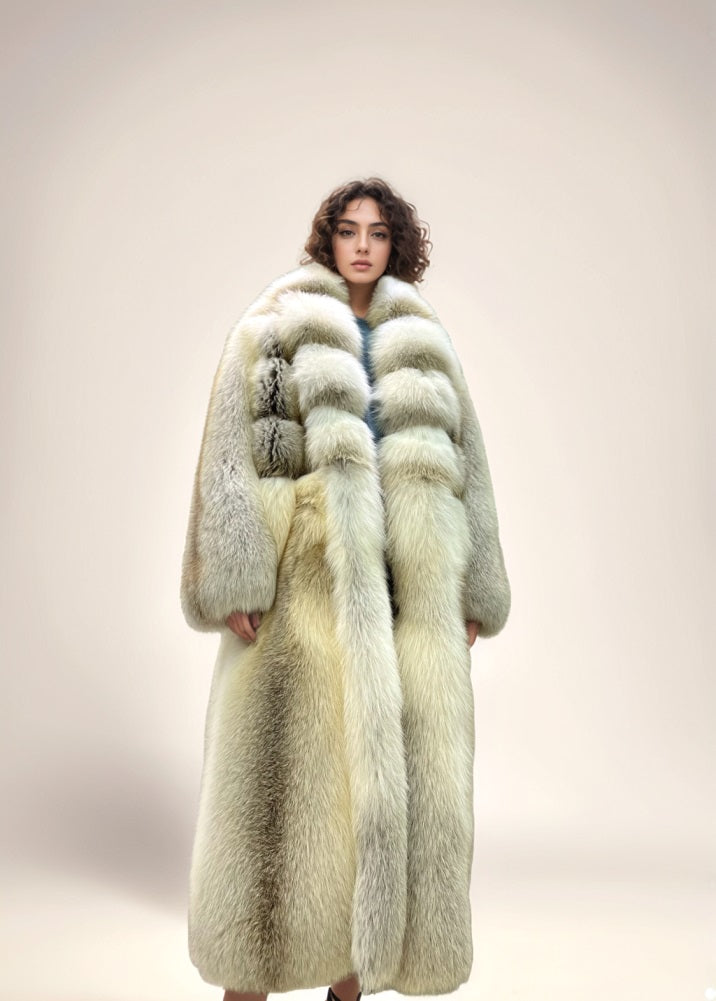 Women's Long Fox Fur Coat with Fur Collar - Golden Island FOX - G001