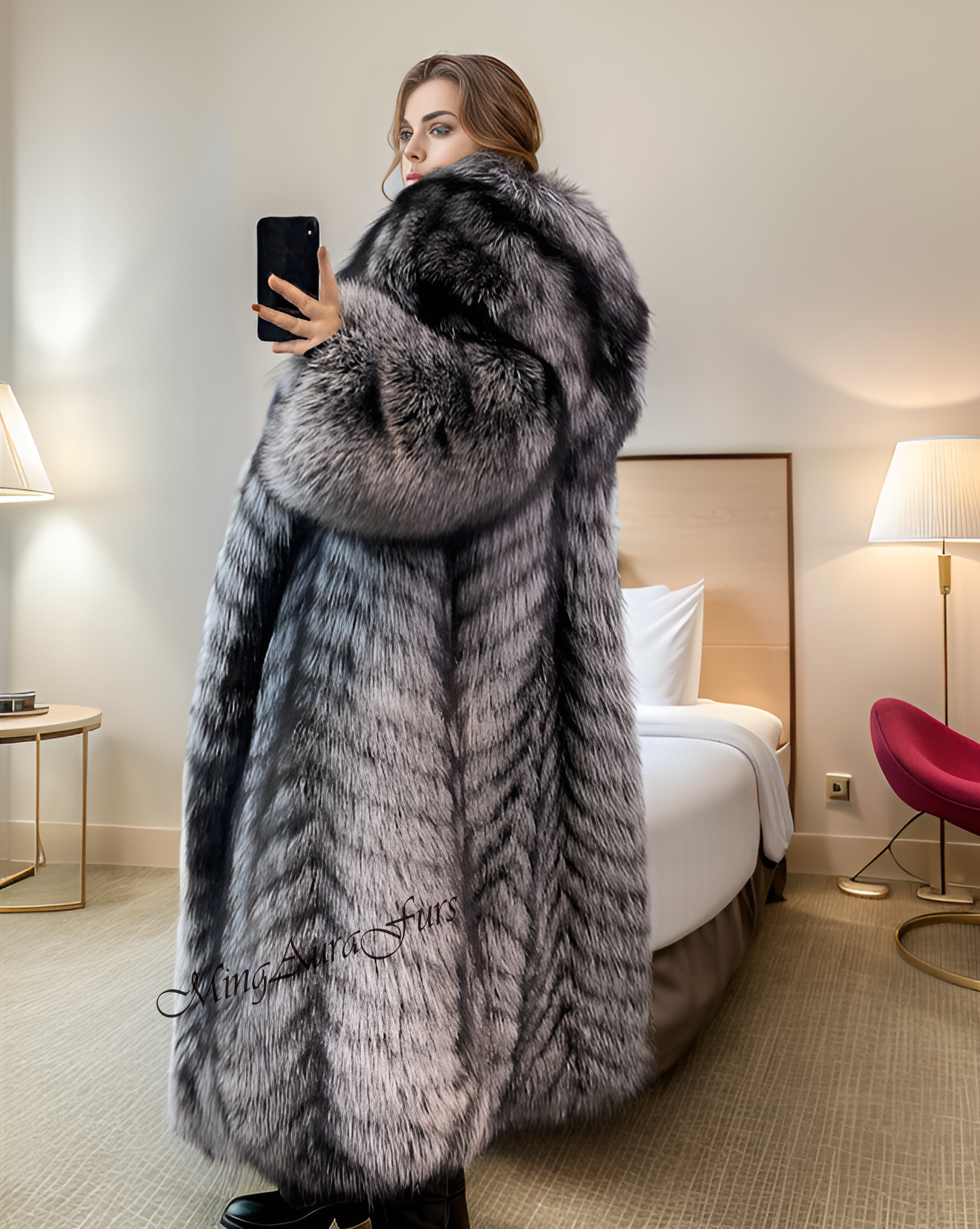 The Sliver Fox Fur Coat With Hood G0035