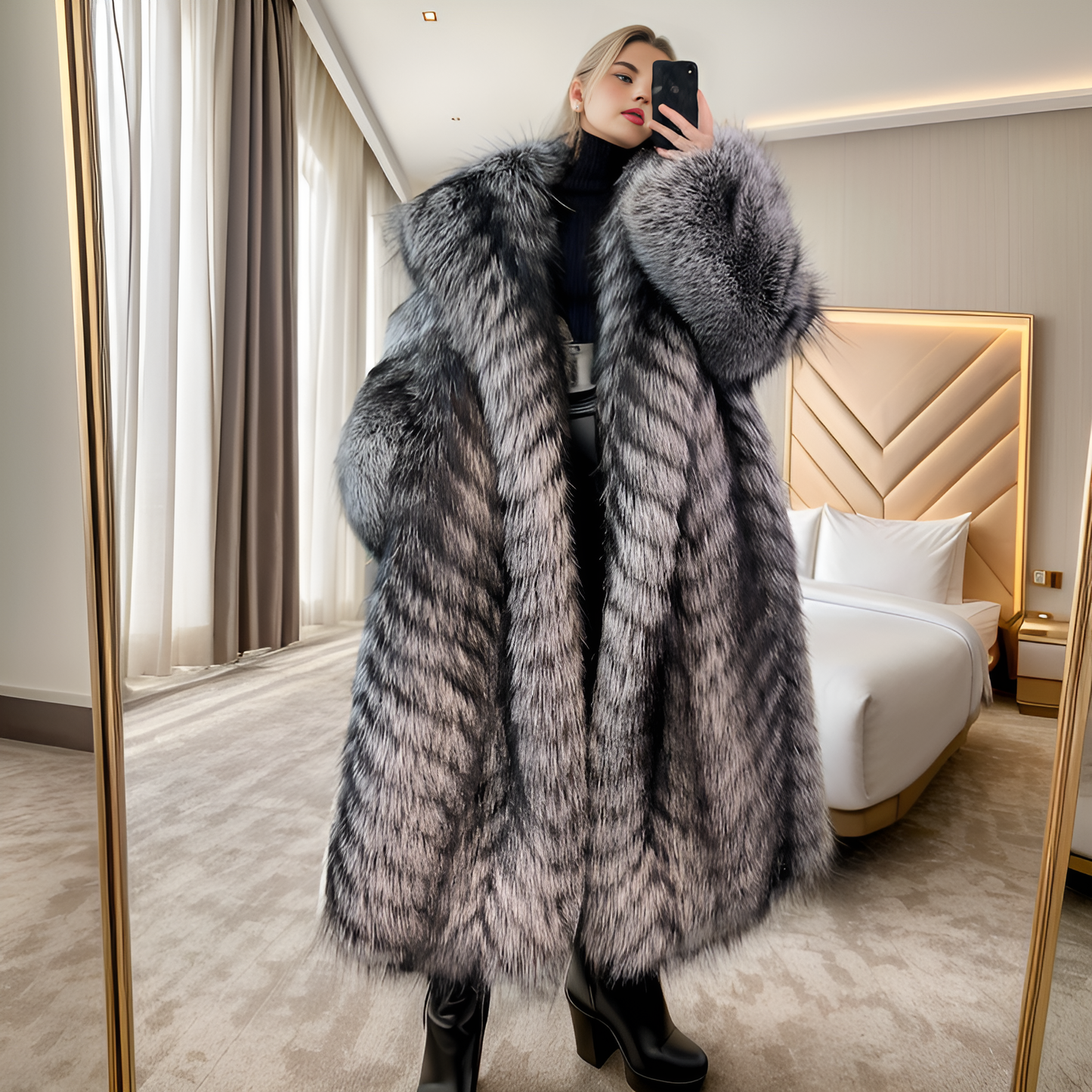 The Sliver Fox Fur Coat With Hood G0035