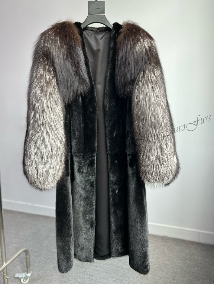 Mink And Sliver Fox Fur Coat For Women G0040