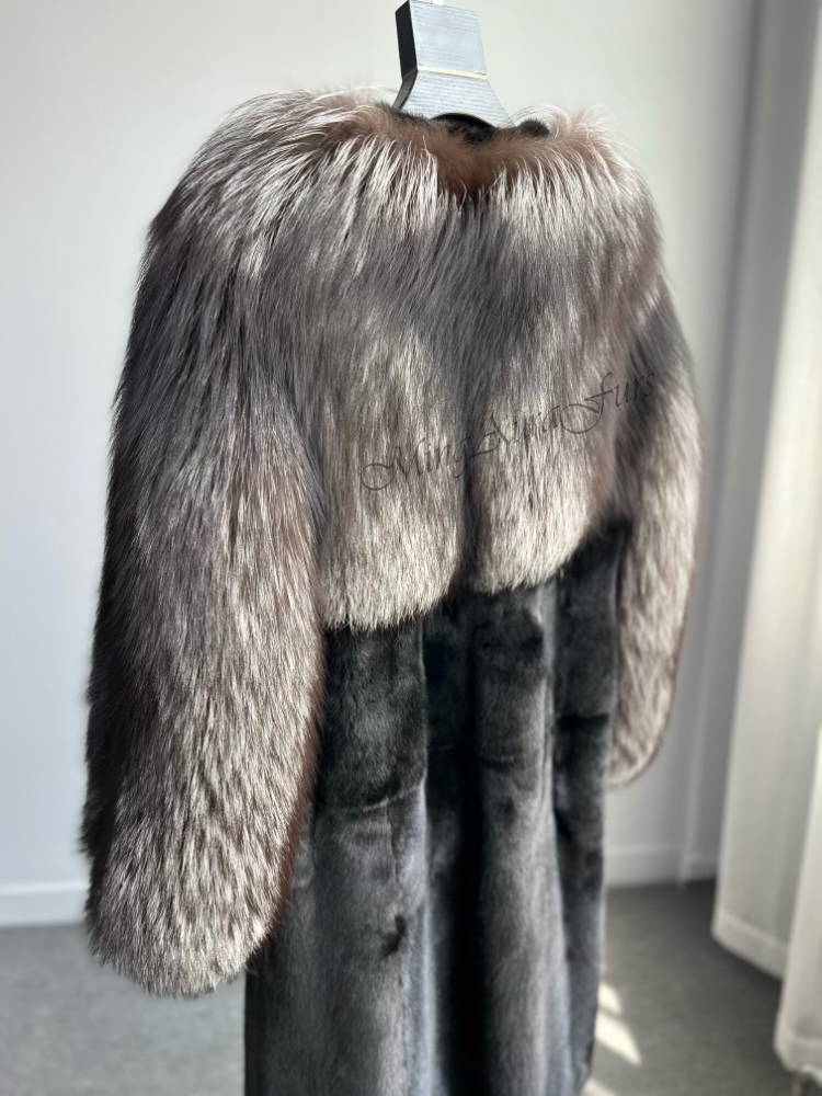 Mink And Sliver Fox Fur Coat For Women G0040