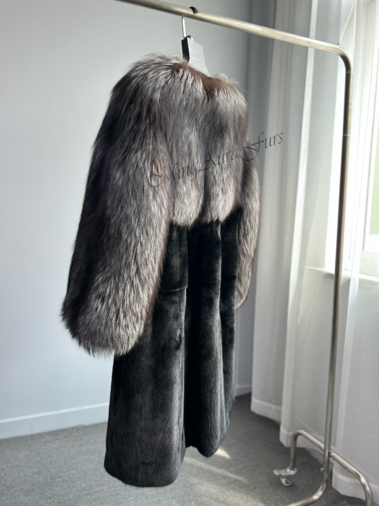 Mink And Sliver Fox Fur Coat For Women G0040