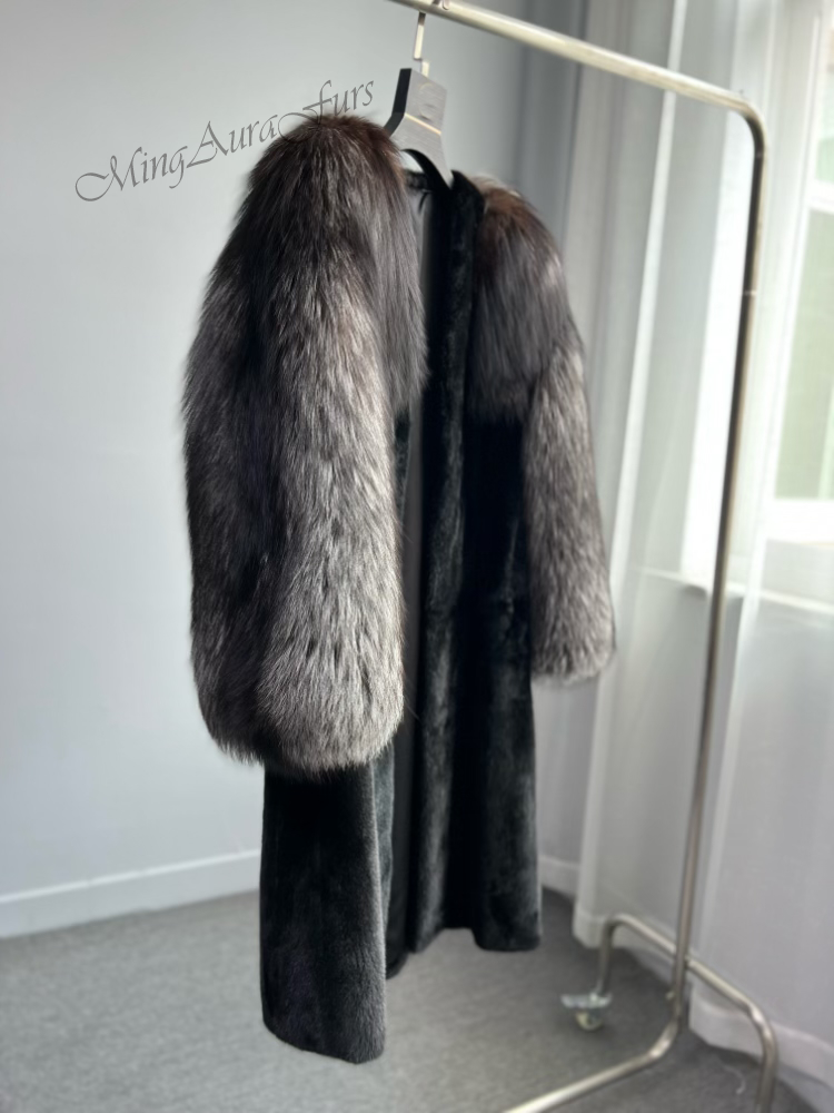 Mink And Sliver Fox Fur Coat For Women G0040