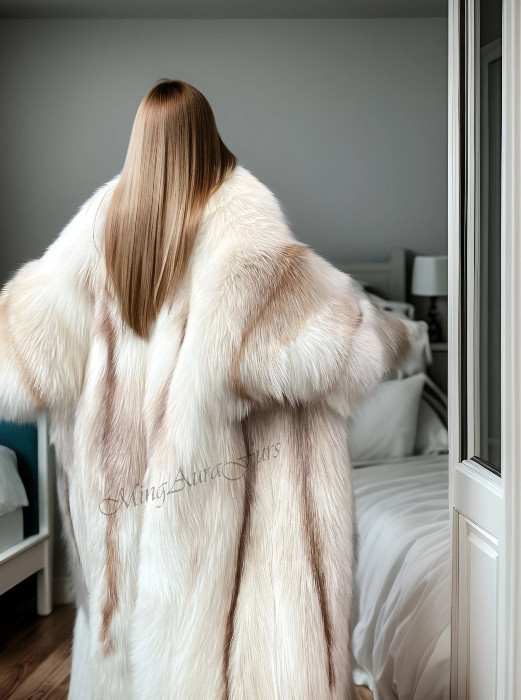 Back view of floor-length fox fur coat with flowing silhouette and relaxed opulent fit