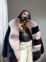 Women's black fox fur coat with unique fur collar – G0027