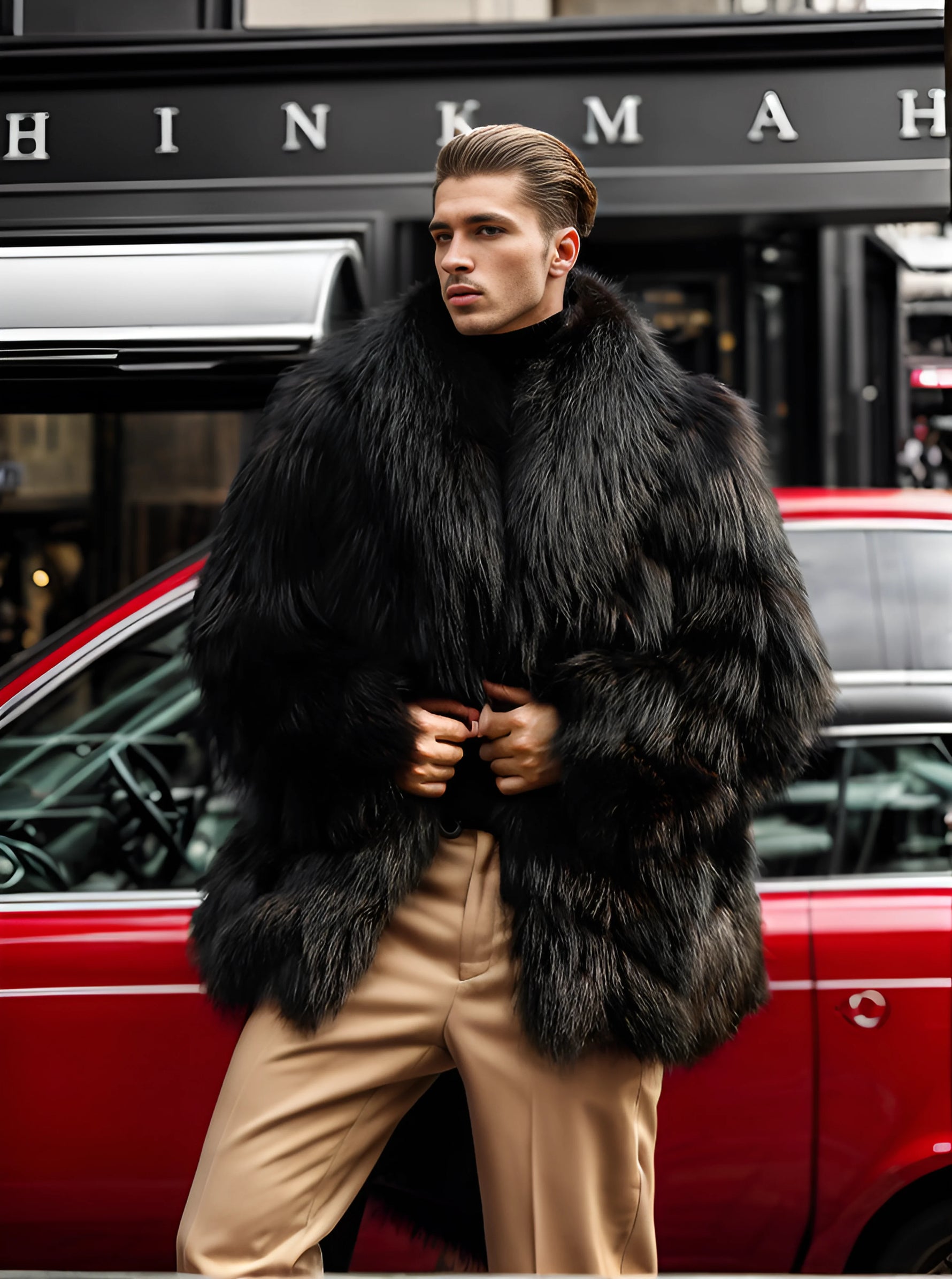 Men's winter outfit in refined fox fur coat