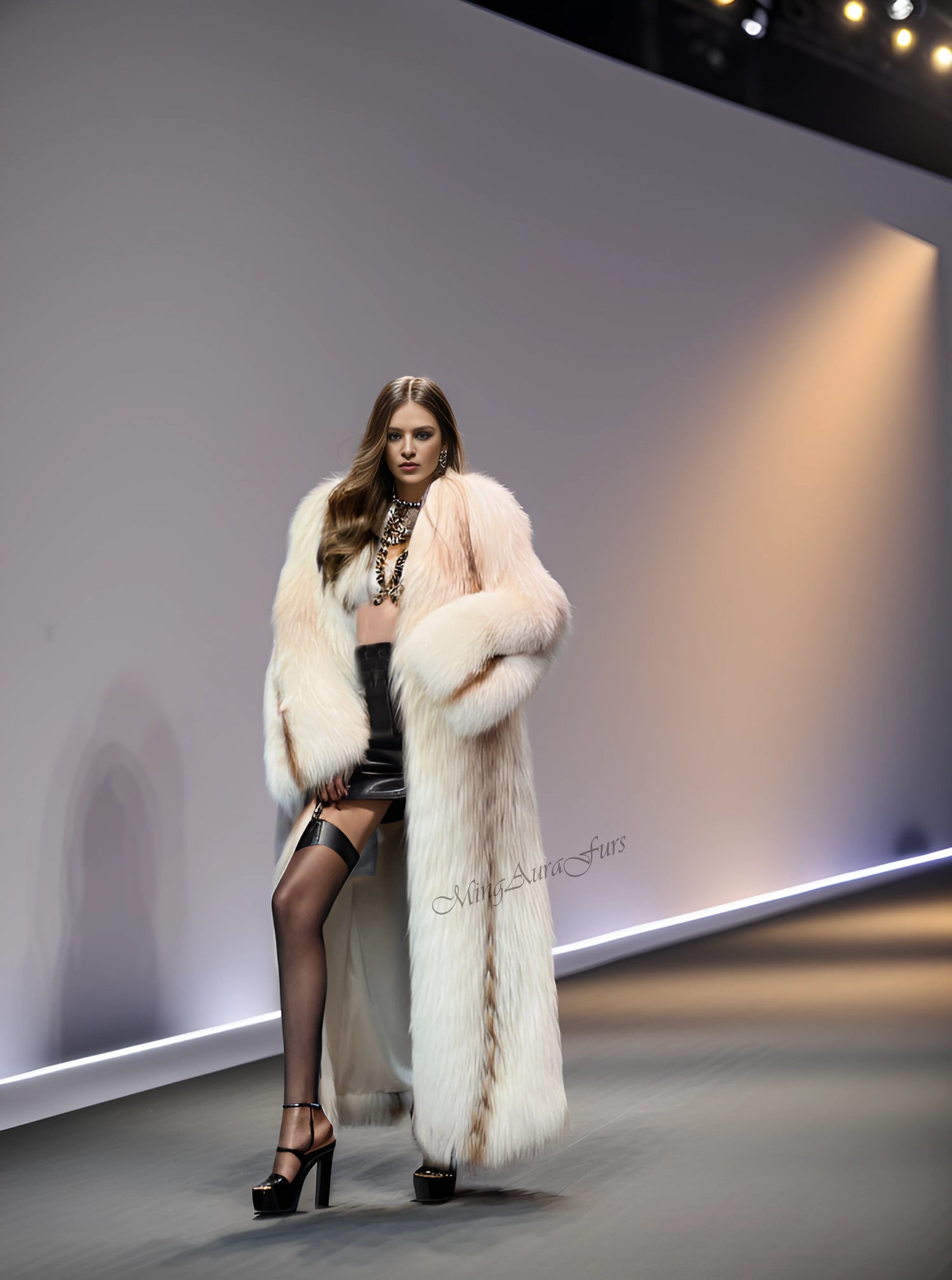 Women's floor-length fox fur coat – G0043, real sun gold fox in creamy beige tone with oversized collar