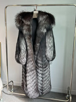Front view of luxury silver fox fur coat with oversized hood