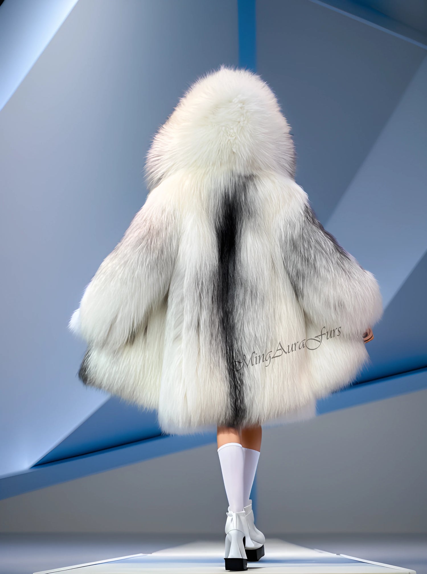 Back view of long fox fur coat with oversized hood and soft gradient pattern
