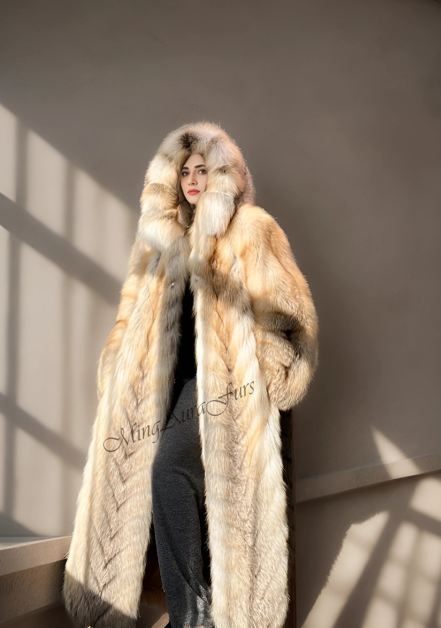 Front view of light beige real fox fur winter coat