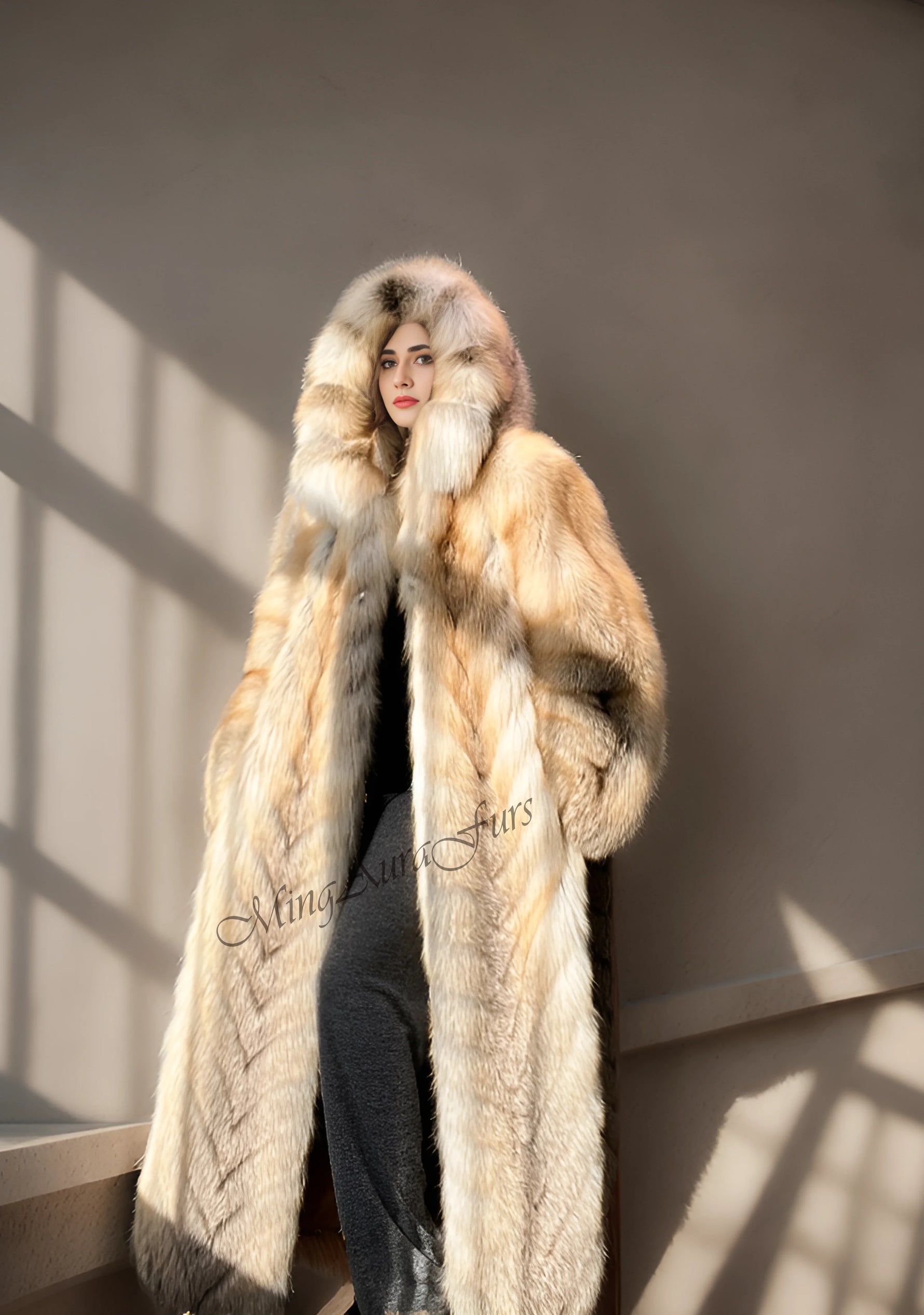 Front view of light beige real fox fur winter coat