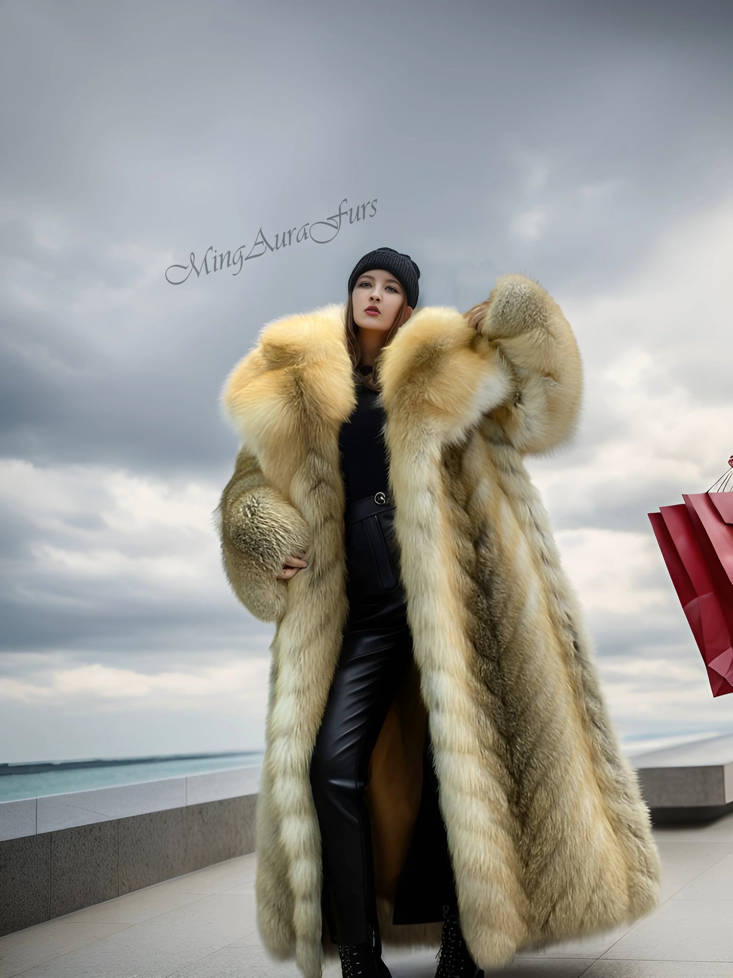 Women's oversized golden island fox fur coat with luxurious fur collar – G003