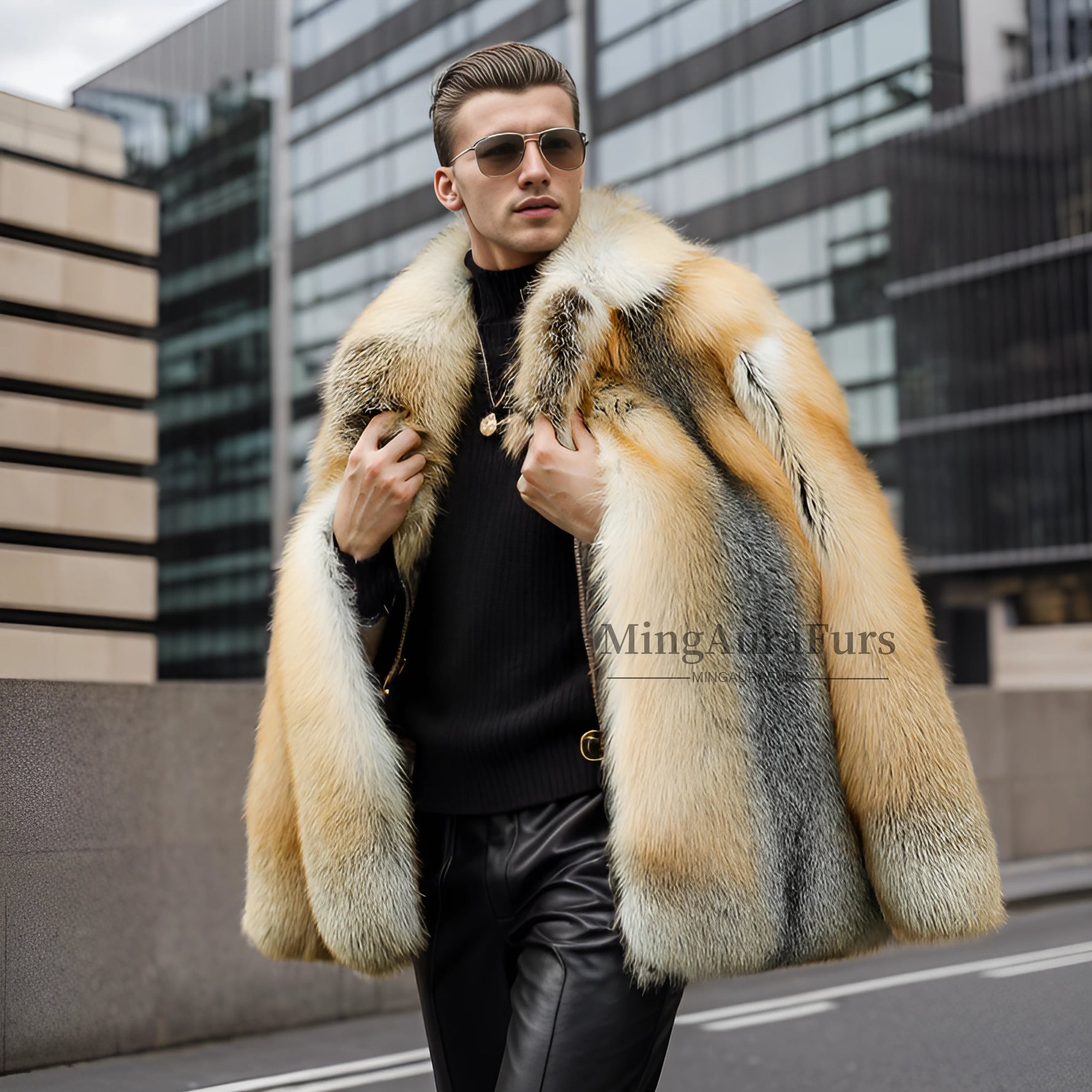 Front view of real golden fox fur coat for men