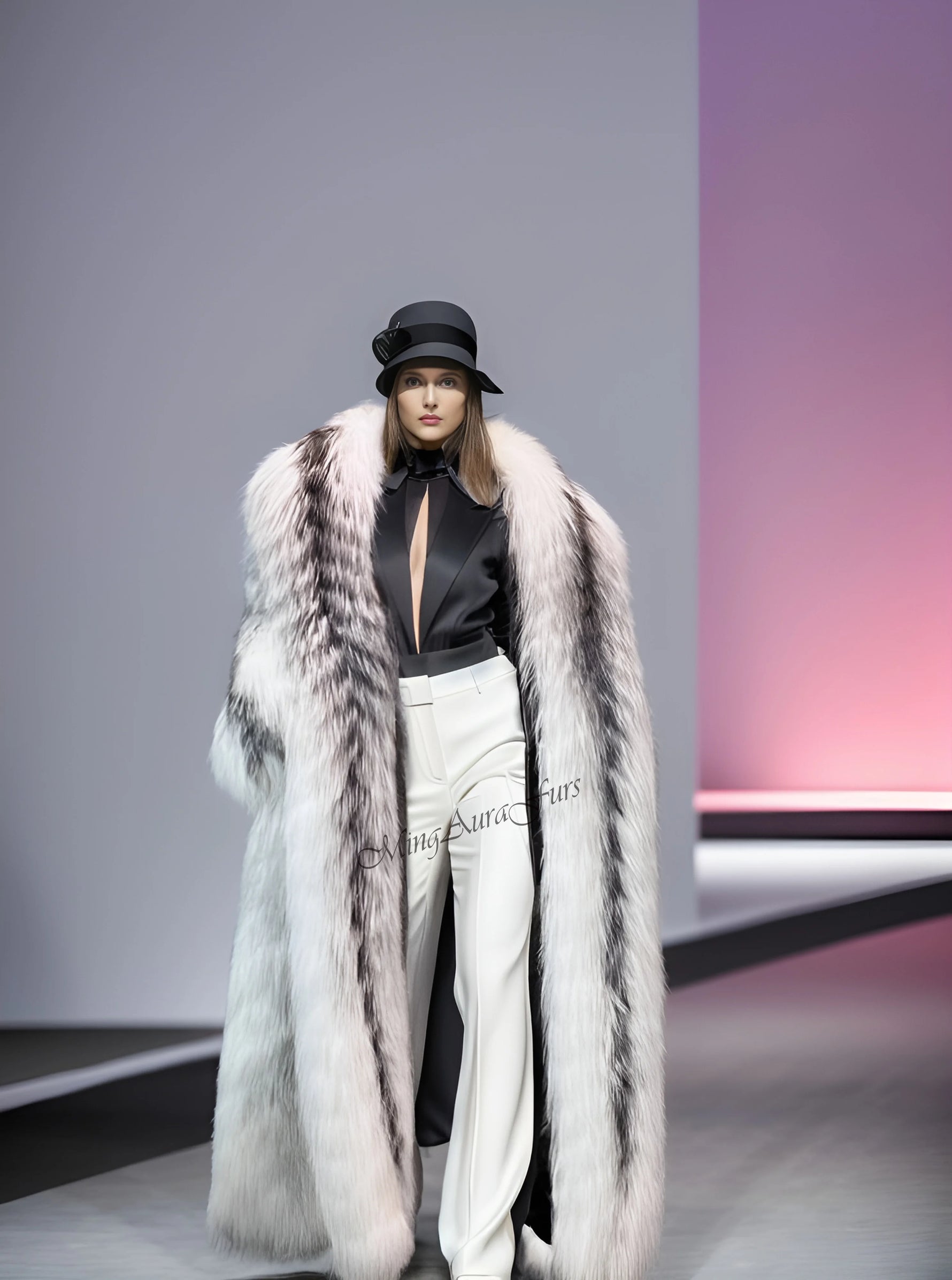 Front view of full-length luxury silver fox fur coat for women