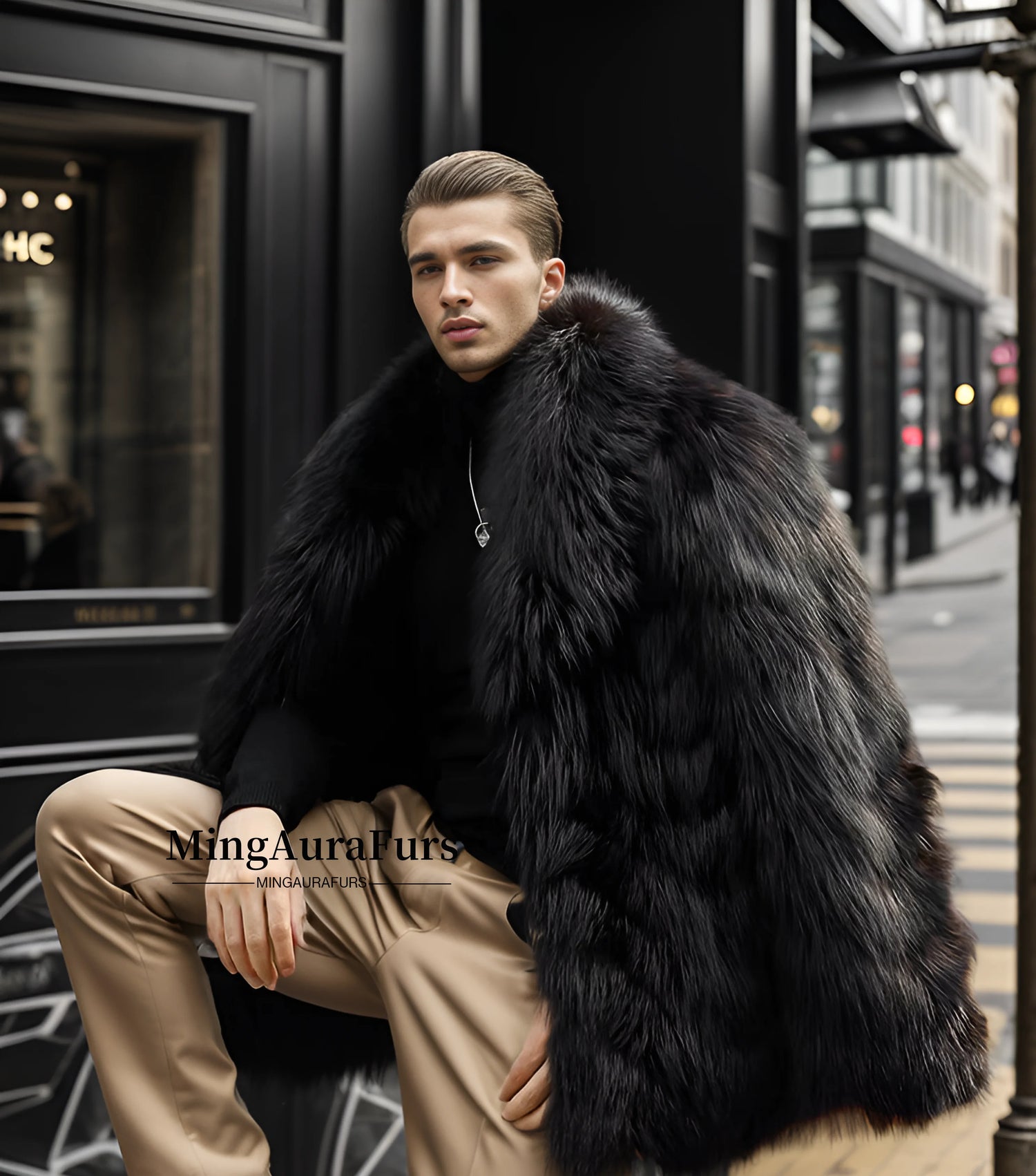 Men's black silver fox fur coat – M816, refined winter style