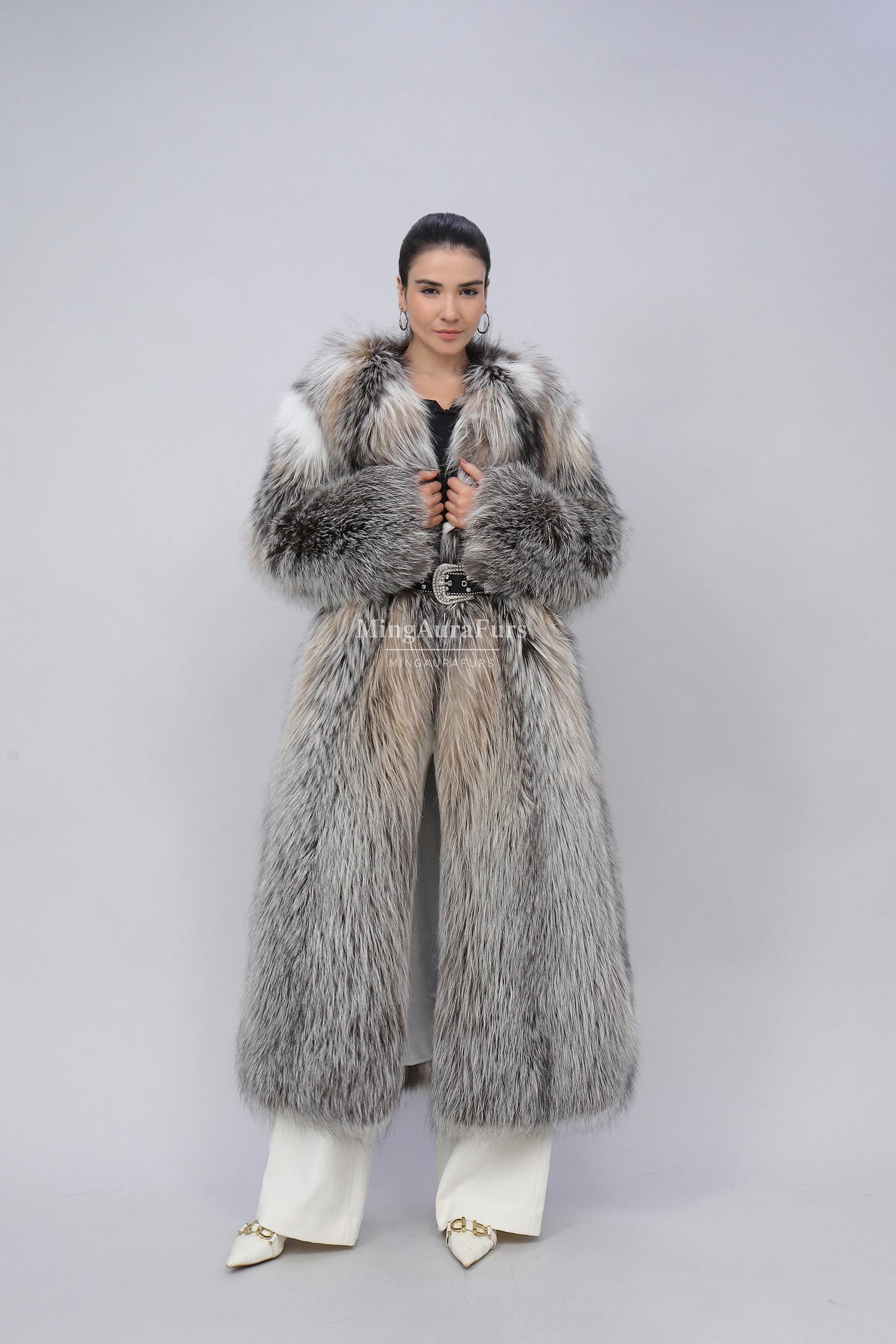 Women's Real Fox Fur Coat - Phnom Cross Fox（Natural rare fur） - B0019
