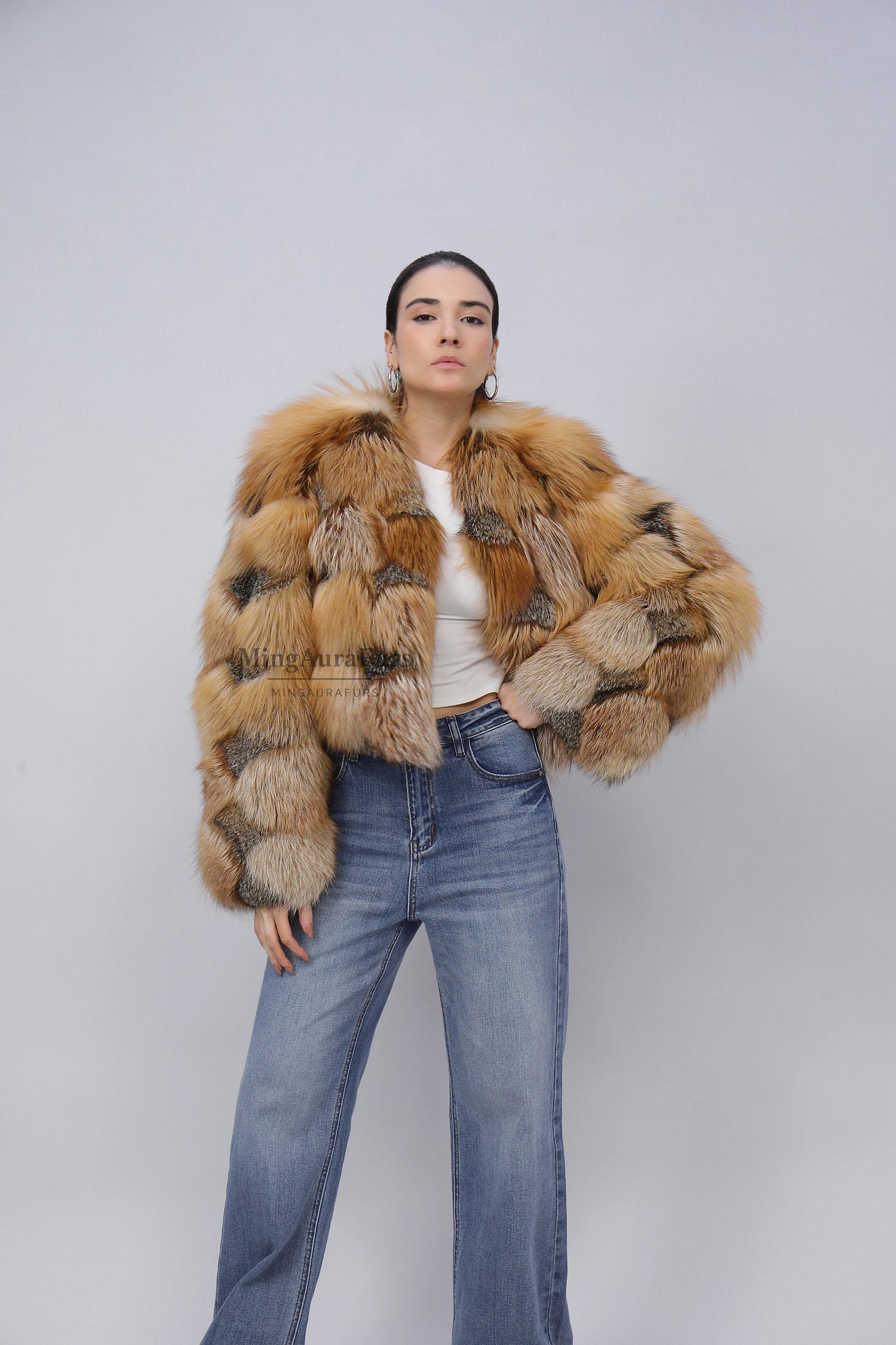 Women's Genuine Fox Fur Coat - Gold Fox+Gray Fox- B008