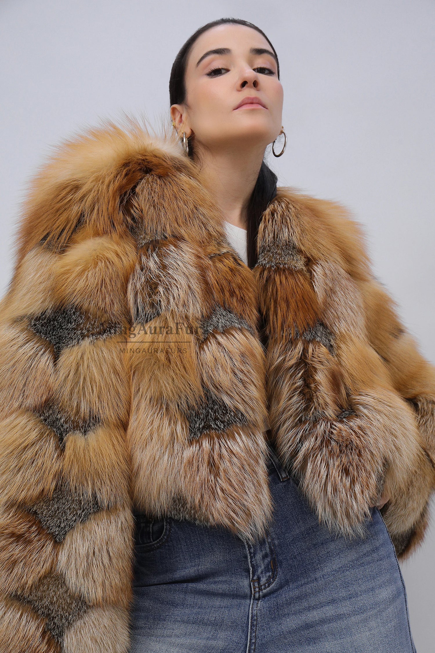 Women's Genuine Fox Fur Coat - Gold Fox+Gray Fox- B008