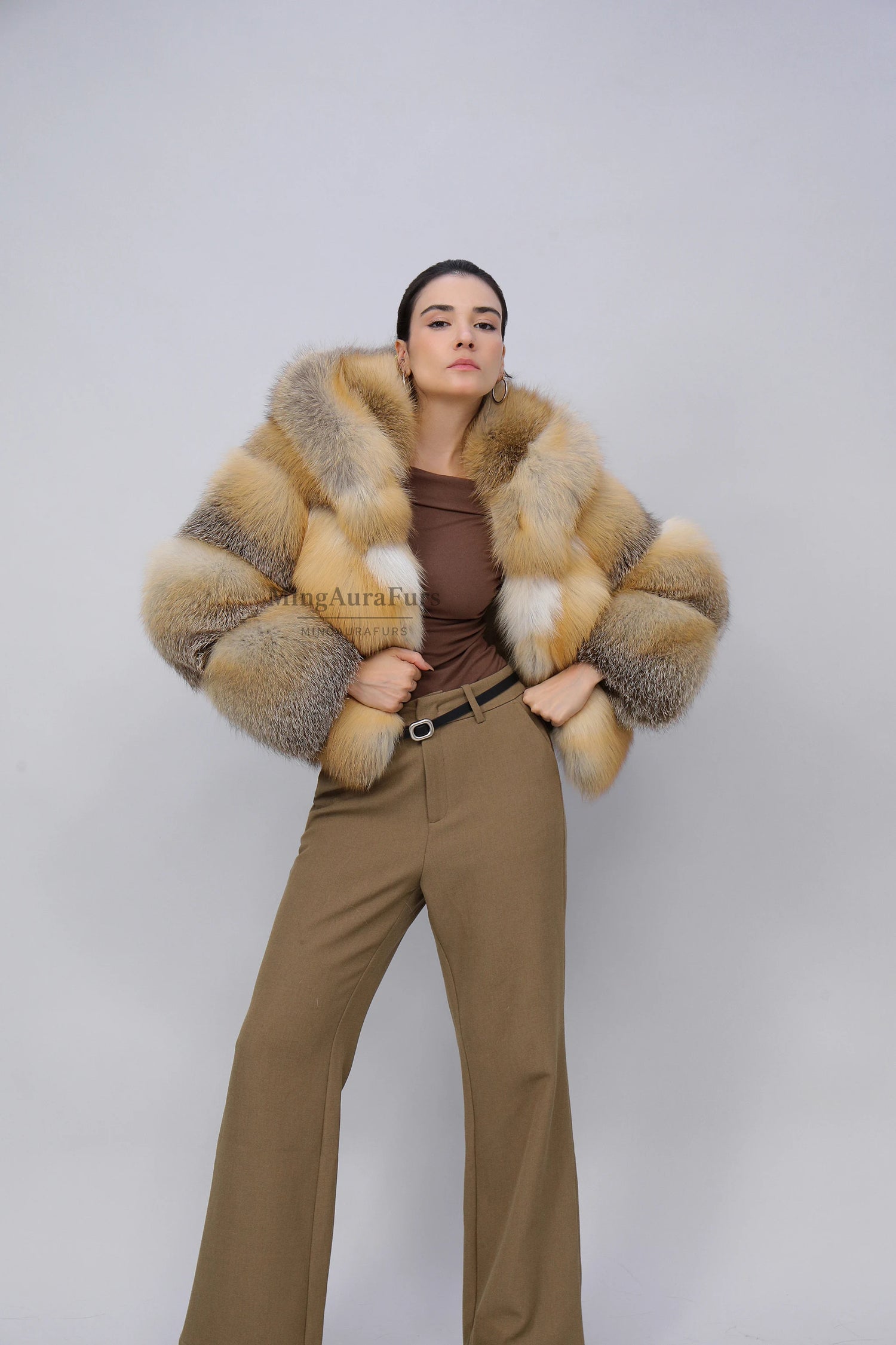 Women's Genuine Fox Fur Coat - Hooded Golden Island Fox- B009