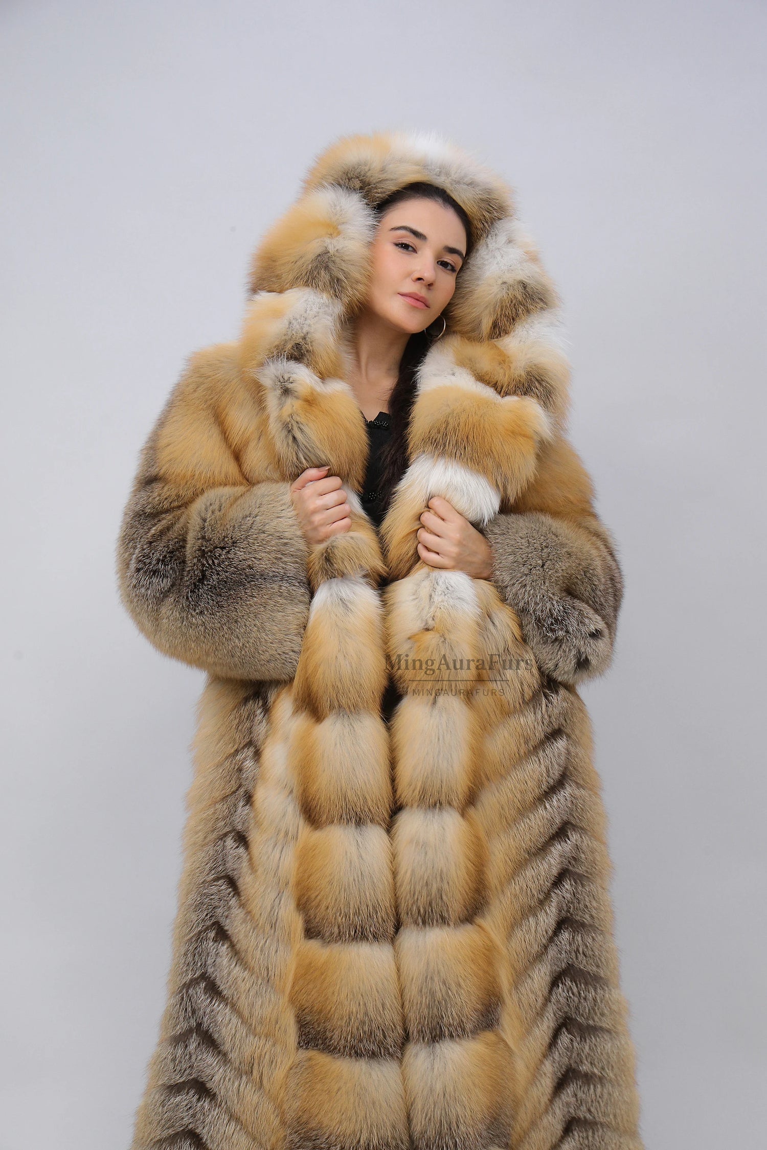 Women's Genuine Fox Fur Coat - Long Hooded -Golden Island Fox- B018