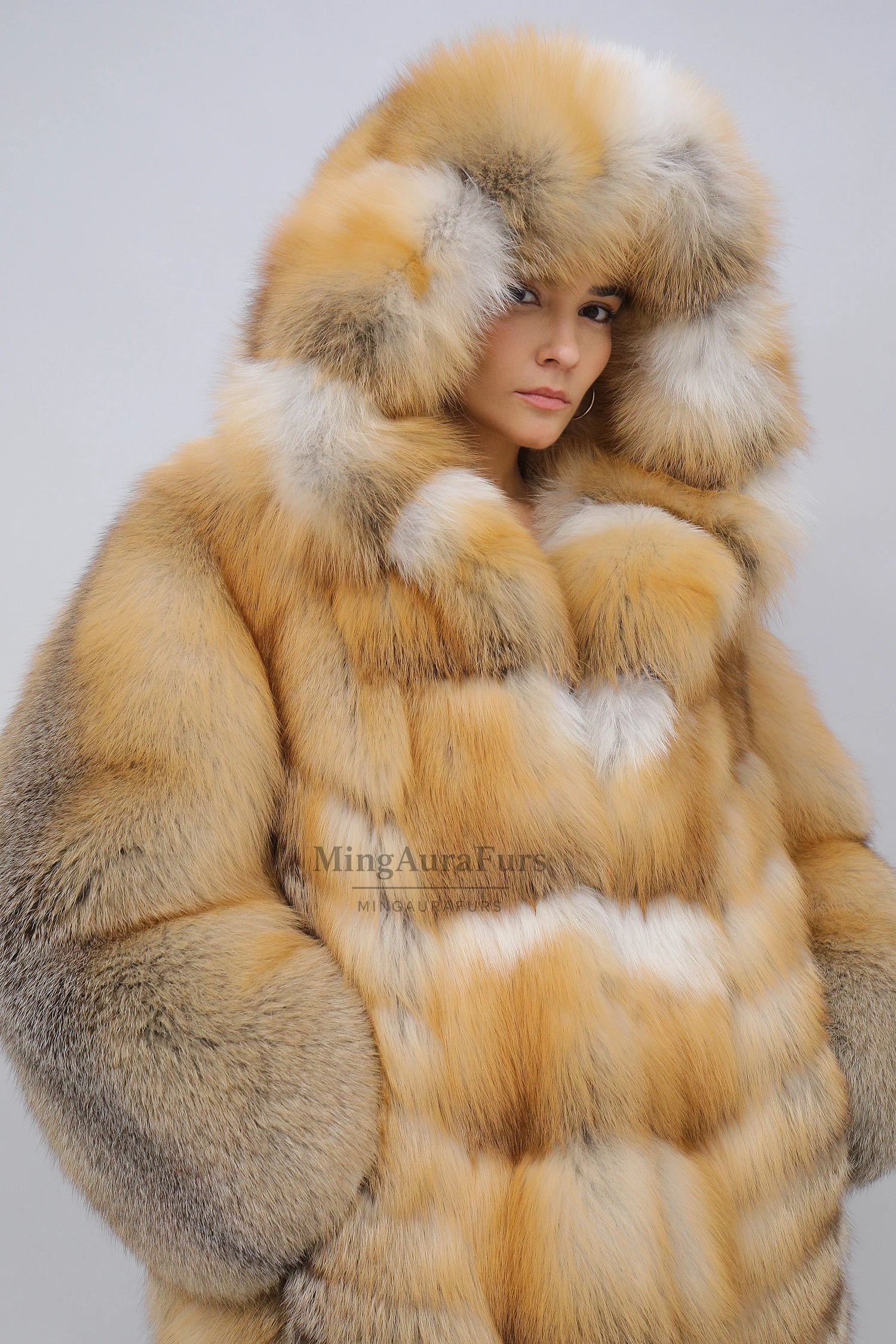 Women's Genuine Fox Fur Coat - Long Hooded -Golden Island Fox- B018