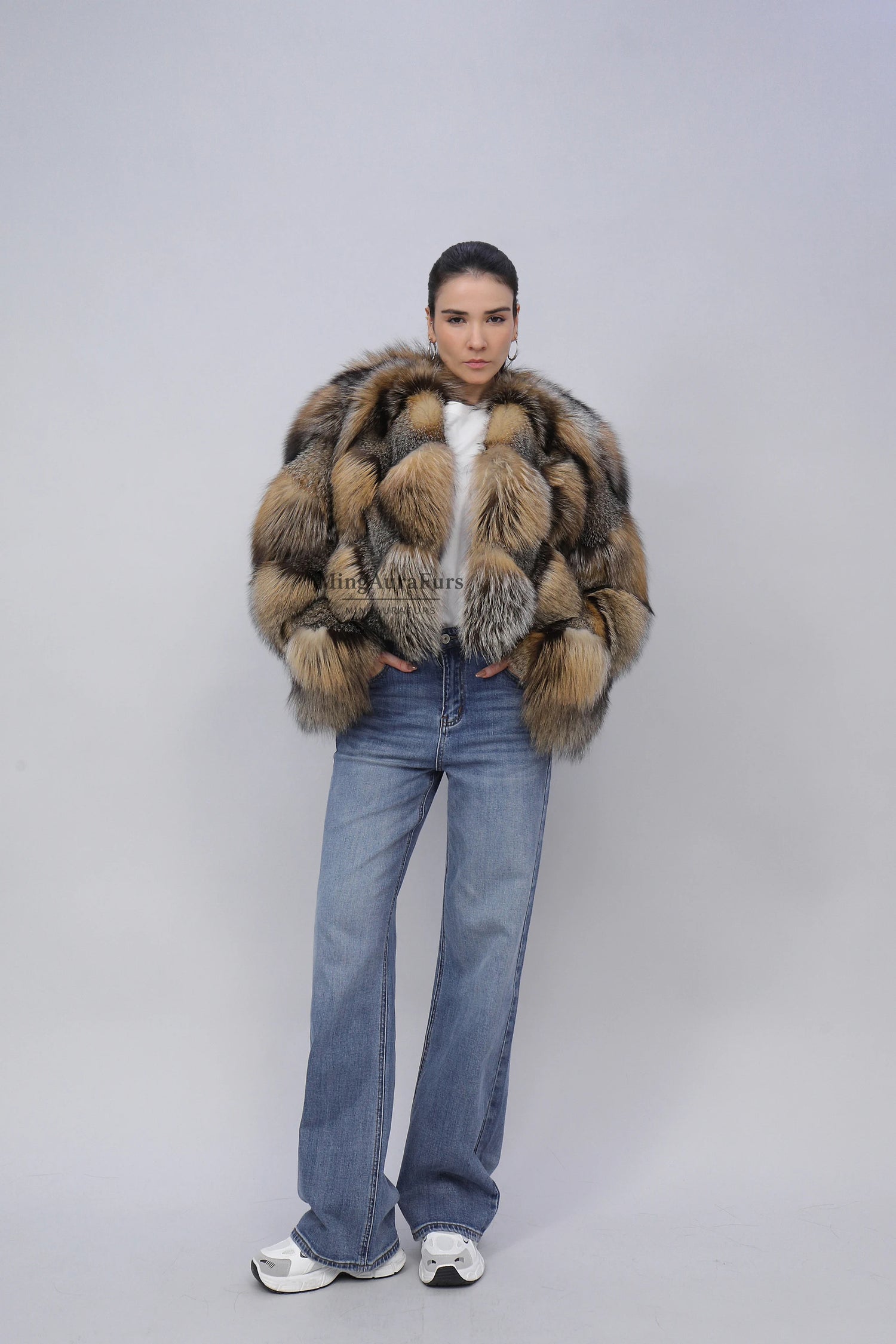 Women's Genuine Fox Fur Coat - Phnom Cross Fox+Gray Fox- B010