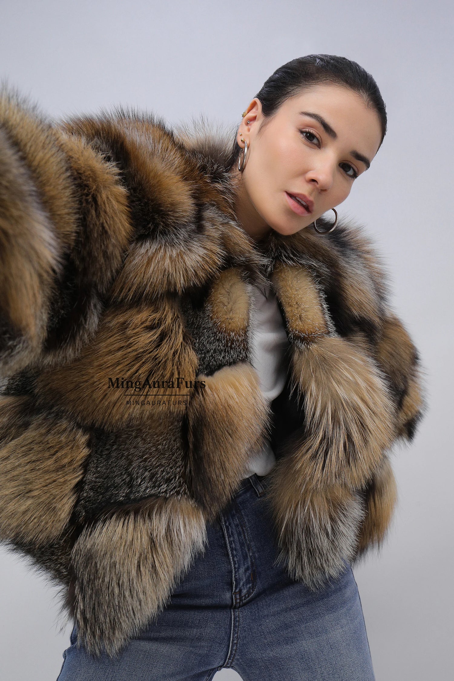 Women's Genuine Fox Fur Coat - Phnom Cross Fox+Gray Fox- B010
