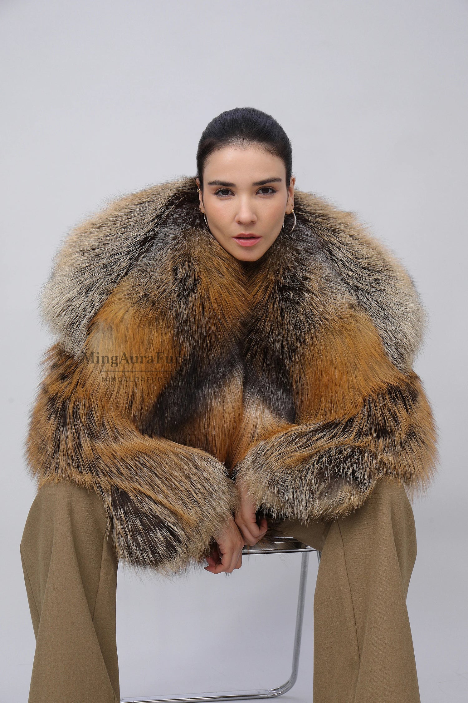 Women's Real Fox Fur Coat -Oversized Collar- Phnom Cross Fox - B0011