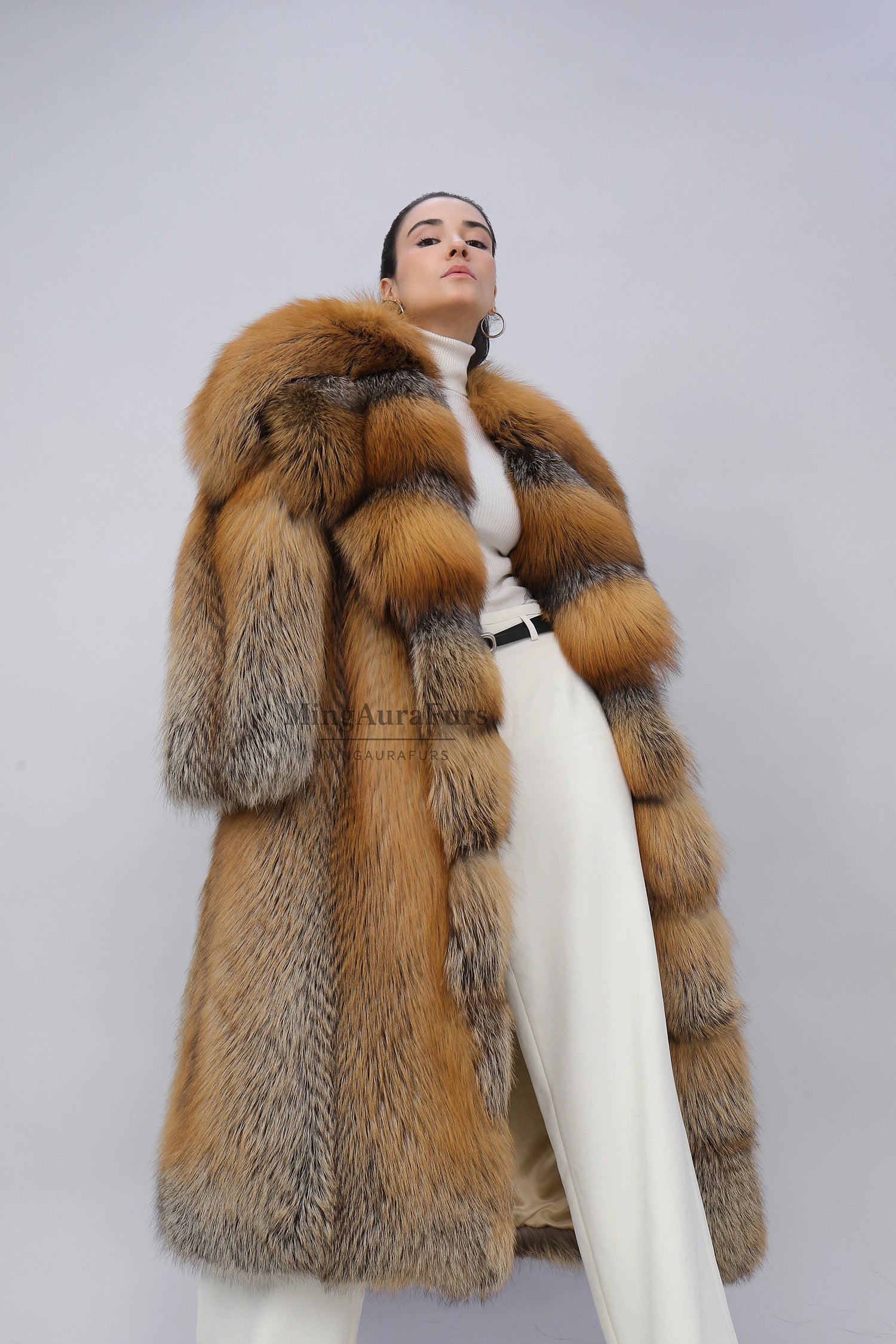 Women's Real Fox Fur Coat -Oversized Collar- Phnom Cross Fox - B0017
