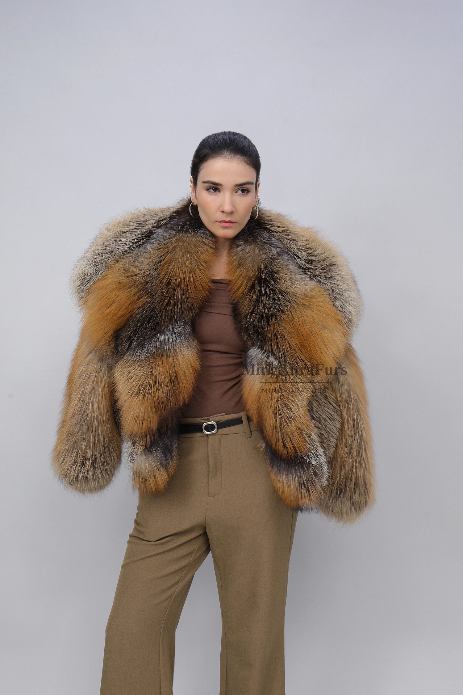Women's Real Fox Fur Coat -Oversized Collar- Phnom Cross Fox - B0011