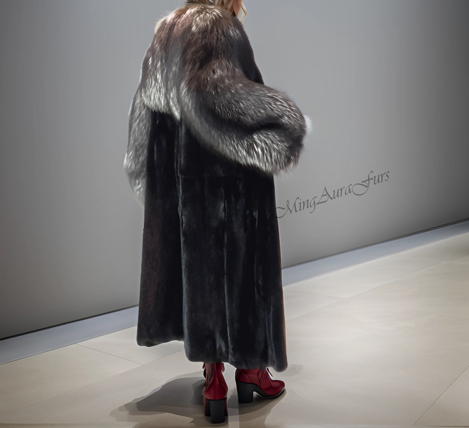 Winter fashion statement coat – silver fox collar with black mink body, elegant silhouette