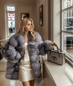 Women's sapphire frost fox fur coat – G0017, mid-length with voluminous texture in icy blue-grey tone