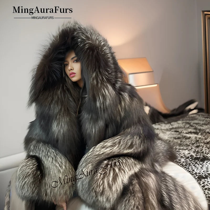 Women's real silver fox fur floor-length coat with oversized hood – G005