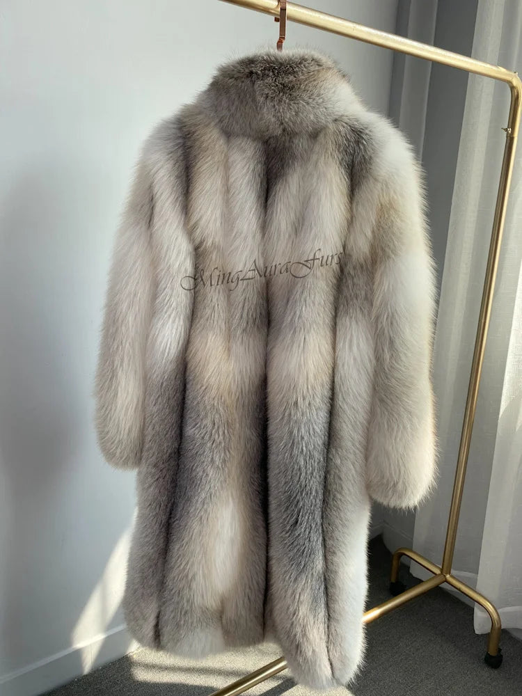 Back view of soft and fluffy long fox fur overcoat