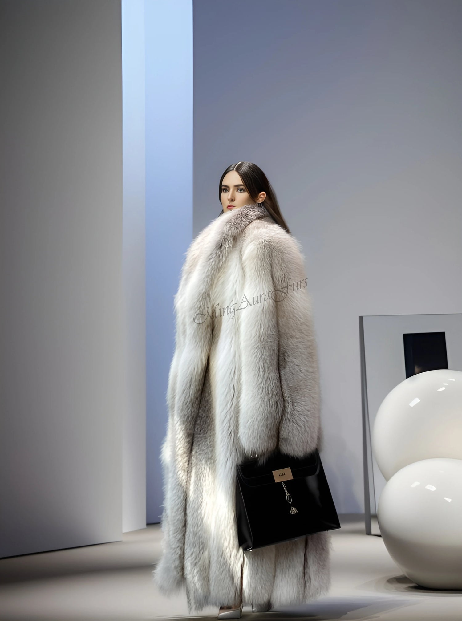 floor-length fawn light fox fur coat, luxury real fox fur material, soft fluffy fur evening coat, stand-up collar fox fur overcoat, concert stage fox fur costume