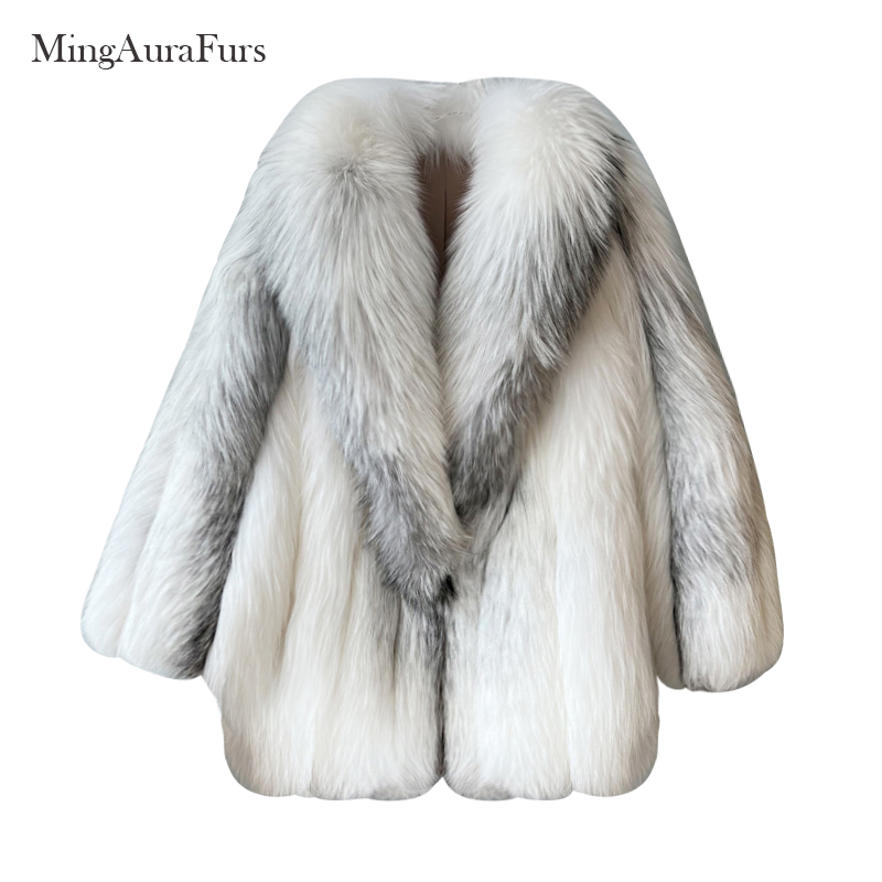 	Stylish winter outfit featuring real arctic marble fox fur coat with large collar
