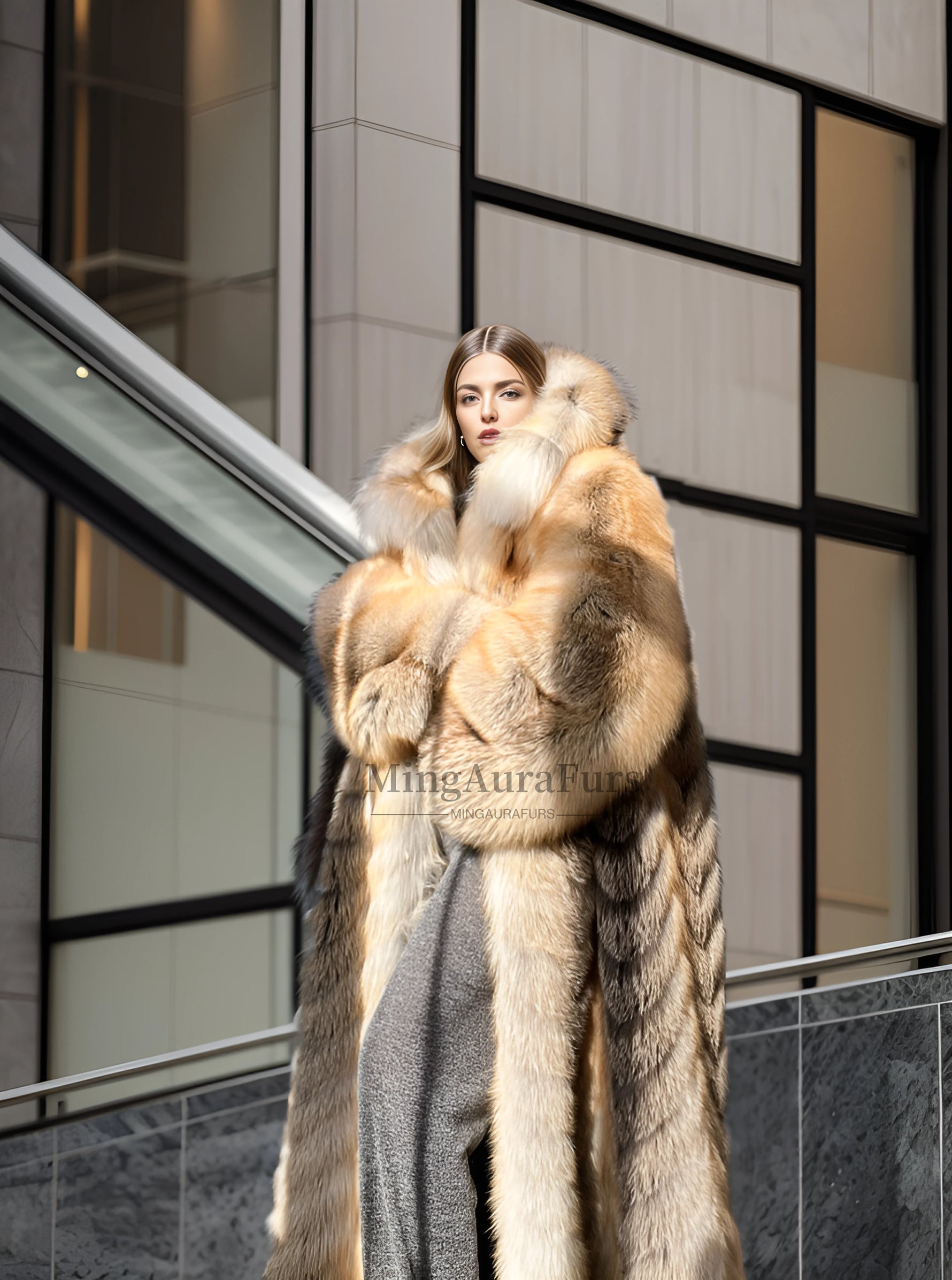 Model wearing long fox fur hooded coat in soft sunlight
