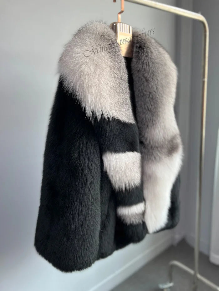 Front view of luxury black fox fur coat featuring a unique collar design