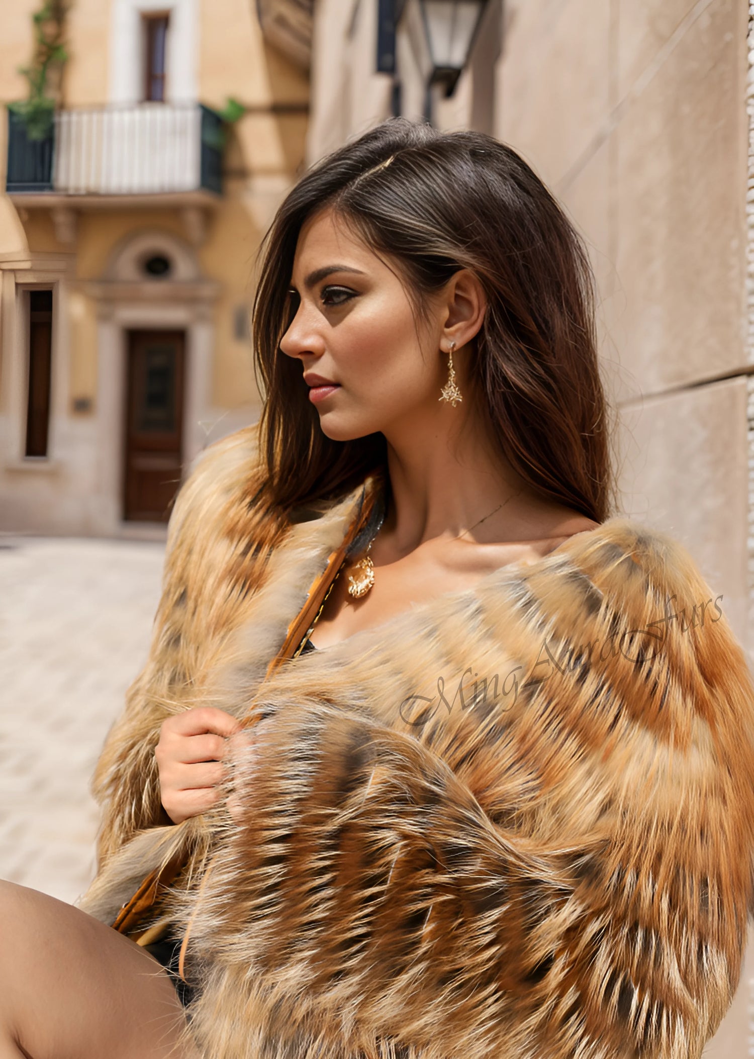 Sophisticated winter look featuring lightweight fire gold fox fur jacket in understated luxury style