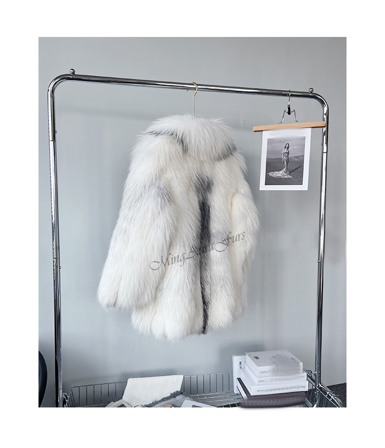 Back view of vertical stitched mid-length real fox fur coat