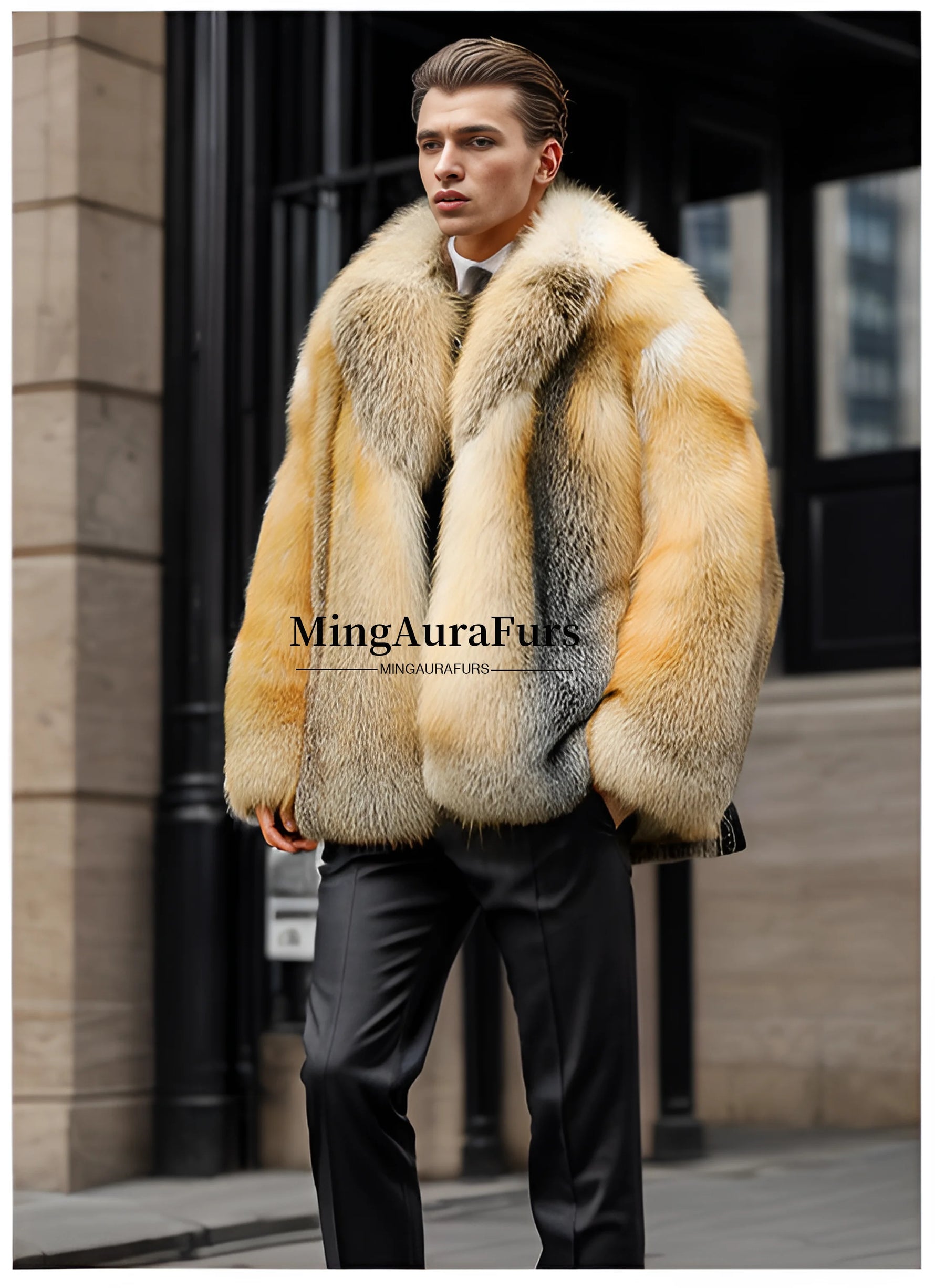 Men's fashion look in golden fox fur coat, fall-winter style