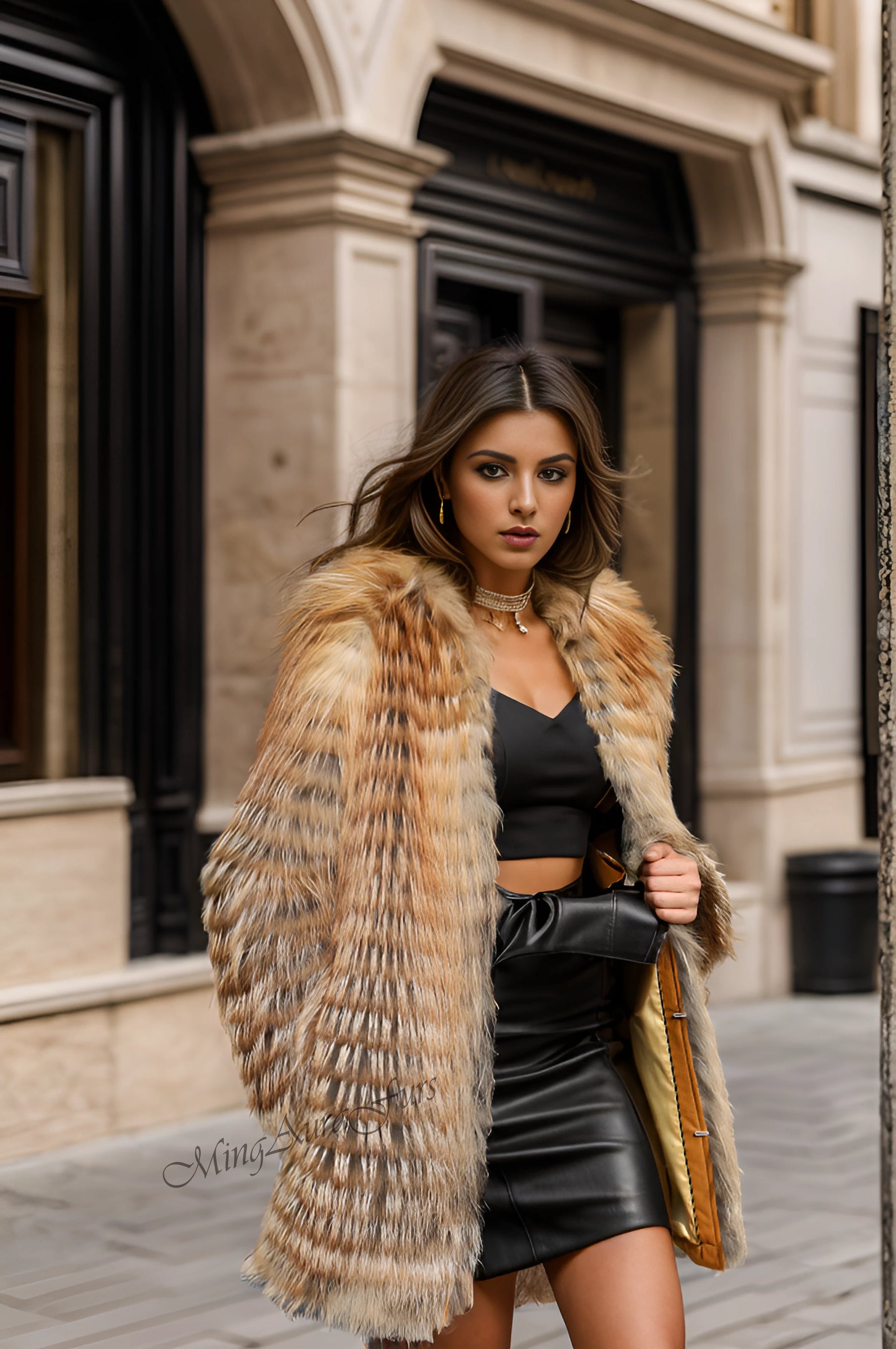 Front view of lightweight mid-length fire gold fox fur coat with soft reddish-brown tones